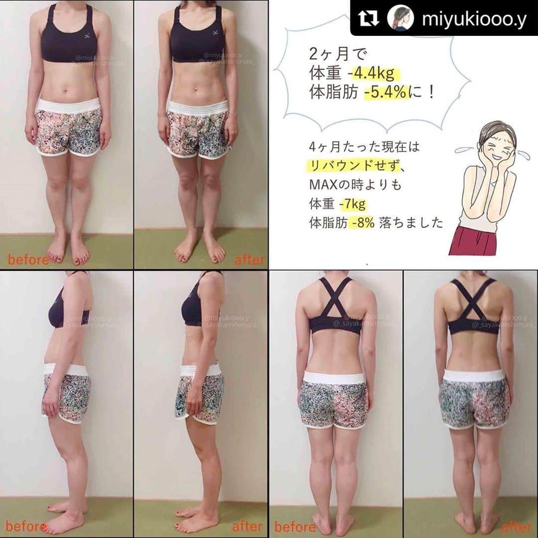 西村紗也香さんのインスタグラム写真 - (西村紗也香Instagram)「ヤベミユキさん @miyukiooo.y の 栄養サポートを2ヶ月間さていただき﻿ 体重は-4.4kg﻿ 体脂肪率は-5.4%﻿ 3食ご飯を食べつつ体脂肪燃焼に大成功です♡﻿ ﻿ しかも！その後もコツコツと続けていただいて﻿ 開始から4ヶ月後には﻿ -7kg -8%まで数値が落ちました💕💕﻿ ﻿ 素晴らしい〜😍✨﻿ ﻿ ﻿ 元々無理なダイエットをしては﻿ リバウンドを繰り返していたというミユキさん🥺﻿ ﻿ しかも短期的な方法では﻿ 痩せなくなってきてしまったようで﻿ そのストレスでだらだら食べるという悪循環へ💦﻿ ﻿ ﻿ ミユキさんはお仕事柄﻿ 座って作業することも多いので﻿ 運動不足になりがちではありますが﻿ キツイジムトレに行かなくても﻿ 食事の見直しだけで十分ダイエットは可能です♡﻿ 運動はダイエットのスピードを加速させるもの♡﻿ ﻿ ﻿ ○○だから痩せない﻿ ﻿ はただの言い訳です(^^)﻿ 痩せないのはどこかで食べ過ぎているから。﻿ ﻿ ﻿ ミユキさんは体型を隠すファッションではなく﻿ オシャレそのものを楽しめるようになりたい！﻿ とカウンセリング時に話していましたが﻿ 今はお洋服のサイズもかなり変わり﻿ 思い切りオシャレを楽しめることで﻿ 心もますますハッピーになっていそうで﻿ 私も嬉しくなります(´∀｀*)﻿ ﻿ ﻿ ﻿ 楽して痩せるダイエットも世の中にはありますが﻿ 身体は食べたもので出来ています♡﻿ ﻿ 日々の積み重ねを丁寧にすることで﻿ 未来の身体は必ず変わるので﻿ これからもミユキさんのライフスタイルで﻿ 目的に合わせた栄養選択で﻿ 未来が輝いていきますように╰(*´︶`*)╯♡﻿ ﻿ ﻿ ﻿ ﻿ ﻿ ﻿ #栄養コンシェルジュ #栄養指導 #栄養コンサルティング #食事指導 #食べてやせる #美痩せ #脂肪燃焼 #ダイエット #ダイエット仲間募集 #インスタダイエット #ダイエッターさんと繋がりたい #公開ダイエット」12月29日 21時20分 - _sayakanishimura_