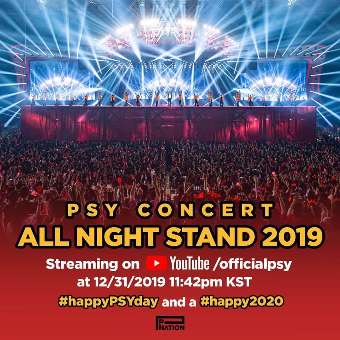 PSYさんのインスタグラム写真 - (PSYInstagram)「PSY CONCERT ALL NIGHT STAND 2019 Streaming on YOUTUBE/officialpsy at 12/31/2019 11:42pm KST #happyPSYday and a #happy2020 #12시부터생일축하받습니다🥳 #acceptingBDAYcongratsfrom12am🥳」12月30日 23時43分 - 42psy42