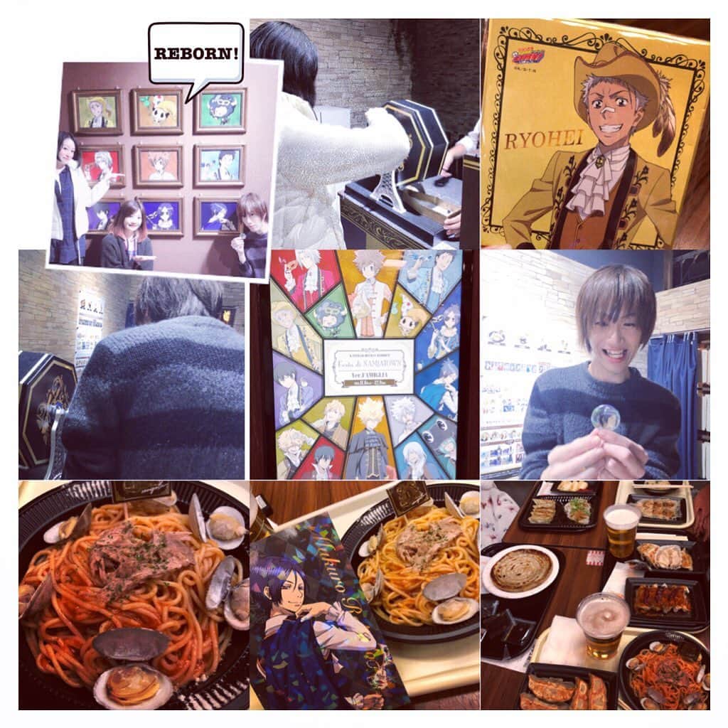 國分優香里のインスタグラム：「✩ 皆様、2019年も沢山沢山お世話になりました…！！ ✩ この一年は脱出ゲームのおかげもあって、沢山の友達に会うことが出来ました😆✨ ✩ 色々ご一緒できて嬉しかったなぁ🎵 ✩ お仕事の面でも、やりたいことが叶って、とても充実した一年となりました☺️ ✩ さてさて。 今回の写真は、前回の脱出ゲーム後に「家庭教師ヒットマンREBORN! Festa di NAMJATOWN Ver. FAMIGLIA」に行った時のものです😸（遅くなり過ぎでごめんなさい💦） ✩ この時も本当に楽しかった〜😁 餃子パーティーの後にちゃっかりケーキも食べたしね（笑） ✩ 来年も今年以上に楽しい一年になるといいなぁ。。。 いや、するのだ…！🔥 ✩ ではでは、皆様、良いお年を、、、😘 ✩ ✩ ✩ #リボーン  #ナンジャタウン　#持っている男　#飯田利信　#1/9で骸を引く　#木内さんへのお土産　#ボンゴレロッソパスタ　#イラストシートは骸　#飯田さんにプレゼント　#骸過ぎた1日　#明坂聡美　#年末のご挨拶　#感謝を込めて❤️」