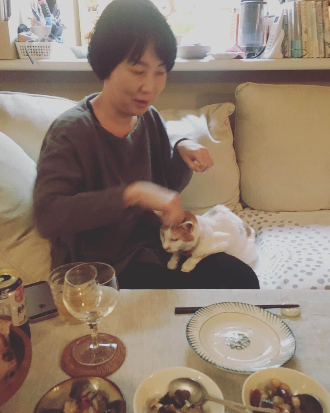 のインスタグラム：「昨日お誕生日だった関ちゃんが来訪。  イオの保護当時から、ずっと見守ってくれていた友達。やっと生イオにご対面。イオちゃんは、今日も素晴らしいホステスぶりで、ずっと関ちゃんにべったりでした。  バジルをたくさん浮かべたベトナム水餃子鍋でお祝い🥂🥟✨ 日日辣油と按田餃子のタレ、邦栄堂の皮。台湾のスパイス 馬告入りのスープは、クリスマスのローストチキンの鶏ガラを１時間煮込んでとりました。  関ちゃん、1歳の誕生日おめでとう㊗️ 来年はもっと会おうね♡  #猫沢飯　#猫沢イオ　#東京下町時間  #猫沢銘品」