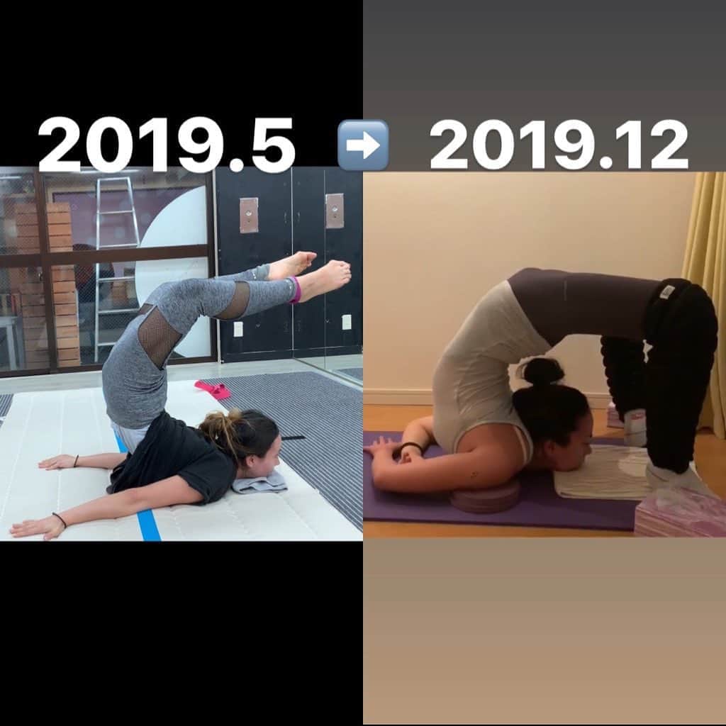 のインスタグラム：「・ 2019 transformed🔥🔥🔥 ・ ・ 亀ペースでこれくらい。 So slow ...🐢 mystery of my body ・ 自分の身体の謎。 ほんとに絶望的に自分の身体諦めていたのですが、まだがんばります！ ・ 来年は、、、🔥 ・ ・ ・ #contortion #contortiontraining #yoga #challenge #stretch #mongoliancontortion」