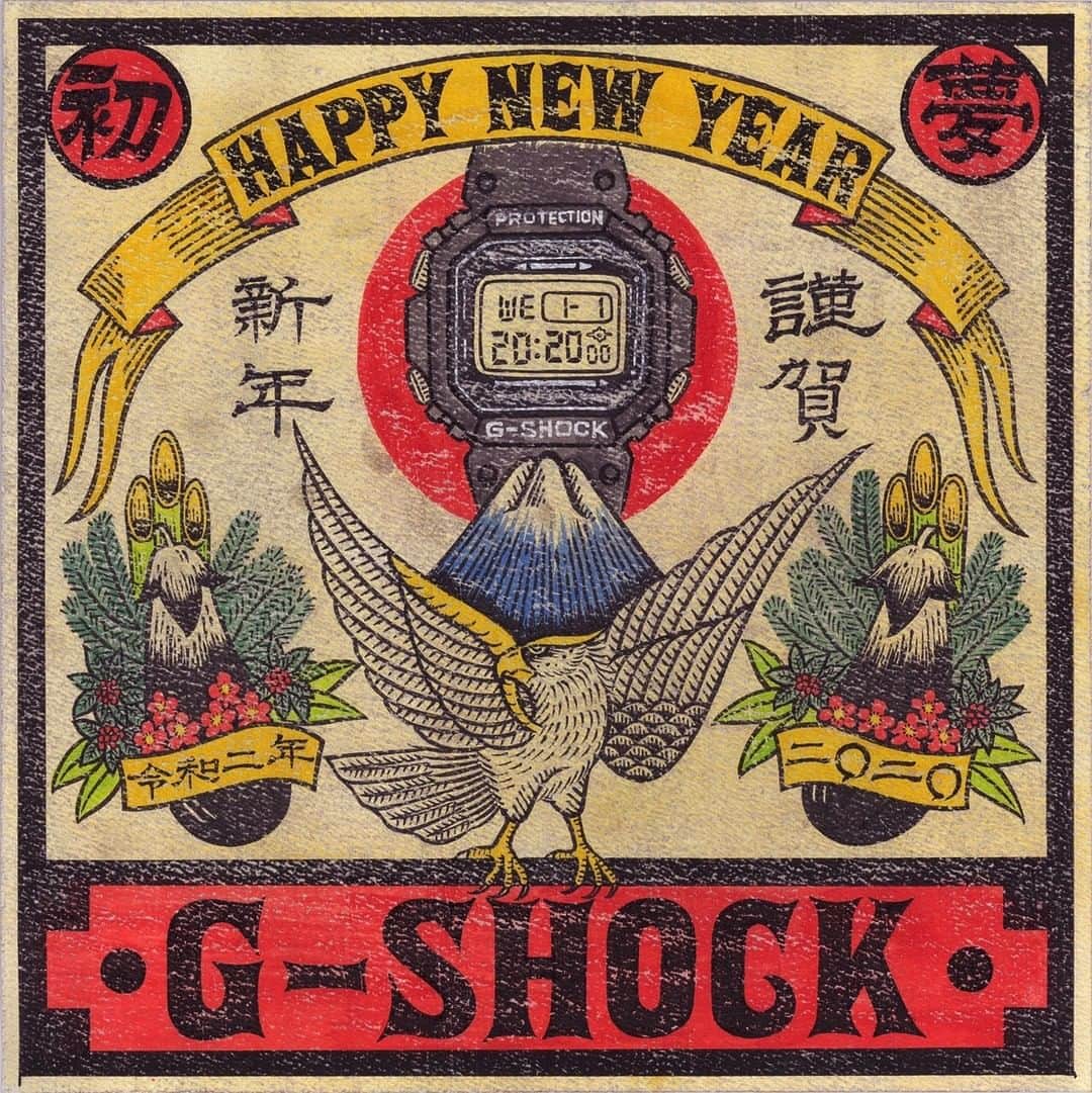 のインスタグラム：「HAPPY NEW YEAR  新年明けましておめでとうございます。 2020年もG-SHOCKをよろしくお願い致します！  HAPPY NEW YEAR! Best wishes for 2020.  illustration by @yutaka_beergod 明治・大正・昭和初期のマッチラベルや蘭字等の図案に影響を受け自身の核となっている。PUNKやBlack Metal、Skateboard、Tattoo、麦酒、これらの要素を落とし込んだ古き良き日本を感じる作風で、絵画作品、手描き看板、グラフィックデザインを手掛ける。  #g_shock #happynewyear #2020」