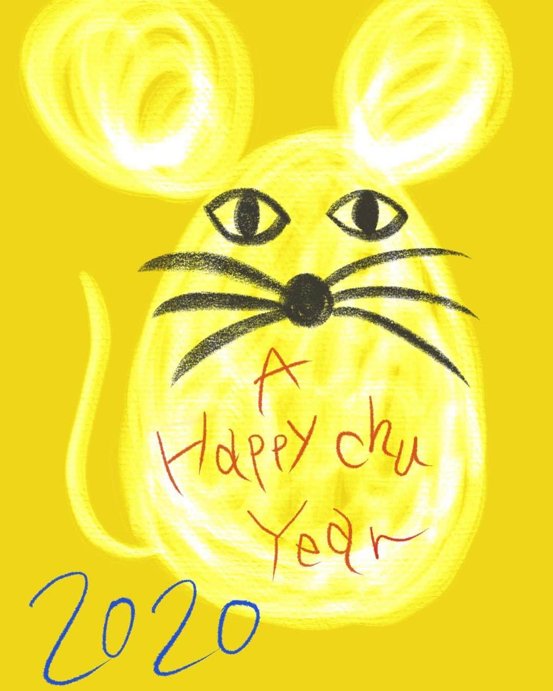 和田美枝のインスタグラム：「A Happy Chu Year🐭🐭🐭 #あけましておめでとうございます #2020年 #子年 #お年賀 #iPadPro #お絵描き #ぶちゃミッキー #お耳が2020になってるよ #やりたいことをカタチに #見極める力 #正座したまま寝て大しびれで飛び起きることのないよーにしたい #うん #色んなことにチュウ意しよ #二〇二〇 #○に入る文字はコやね #ニコニコ😊 #和田ちゃんの名前表記が本日からワダちゃんになりました #今年もよろしくお願いします」