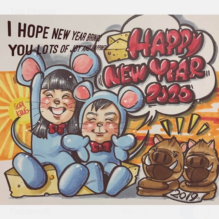 似顔絵★𝗚𝗢𝗥𝗜𝗞𝗜𝗡𝗚のインスタグラム：「. . . #happynewyear #2020 #あけましておめでとうございます　⛩🎍🎍🌟✨ . . . さっそく2020年初投稿🌟✨w . . .  今年は #子年　ということで、 猪の被り物を置いて 新たにネズミちゃんに変装する 我が子たちのイラストからスタートです🌟✨❣️ . . . 新年は、 やったことない席描きが できたらなぁーっとやんわりですけど目標ですw☺️🌟✨ . . マイペースな似顔絵屋さんですが、 毎年暖かく見守ってくださる お客様、follower様のおかげで、 楽しく作品作りに没頭できています😍🌟✨ 改めて感謝致します🌟✨🙏 . . . 今年もこんな私ですが どうぞ宜しくお願い致します🙇‍♂️❤️❤️❤️ . . . . . .  by.goriking117🦍🌟✨ . . . #似顔絵 #あけました #ネズミ #🐭 #正月 #art #artwork  #illust」