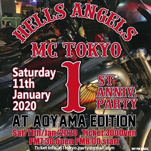 ka-yuのインスタグラム：「@hells_angels_tokyo  HELLS ANGELS MOTORCYCLE CLUB  TOKYO -1st. Anniversary party-  Welcome all bikers,supporters and friends  2020年1月11日（土）  DOOR OPEN / 7:30pm 3,000円  チケットお問い合わせは ↓↓↓ 81tokyo.party@gmail.com  @青山 EDITION 東京都港区赤坂8-10-22 ニュー新坂ビルB1F ※都営大江戸線 青山一丁目駅 4番出口 徒歩3分 ※地下鉄銀座線 青山一丁目駅 4番出口 徒歩3分 ※地下鉄千代田線 乃木坂駅 徒歩3分 ※地下鉄 六本木駅 徒歩10分  DJ・DANCERS・TEQUILA GIRL... ※バイクでご来場の方は近隣の駐車場をご利用下さい。 ※近隣の方に迷惑になるような行為もご遠慮下さい。 ※詳細は下記mail addressまで。  81tokyo.party@gmail.com  Saturday 11th Jan 2020  DOOR OPEN / 7:30pm 3,000yen  Get more information ⬇ ⬇ ⬇ 81tokyo.party@gmail.com」