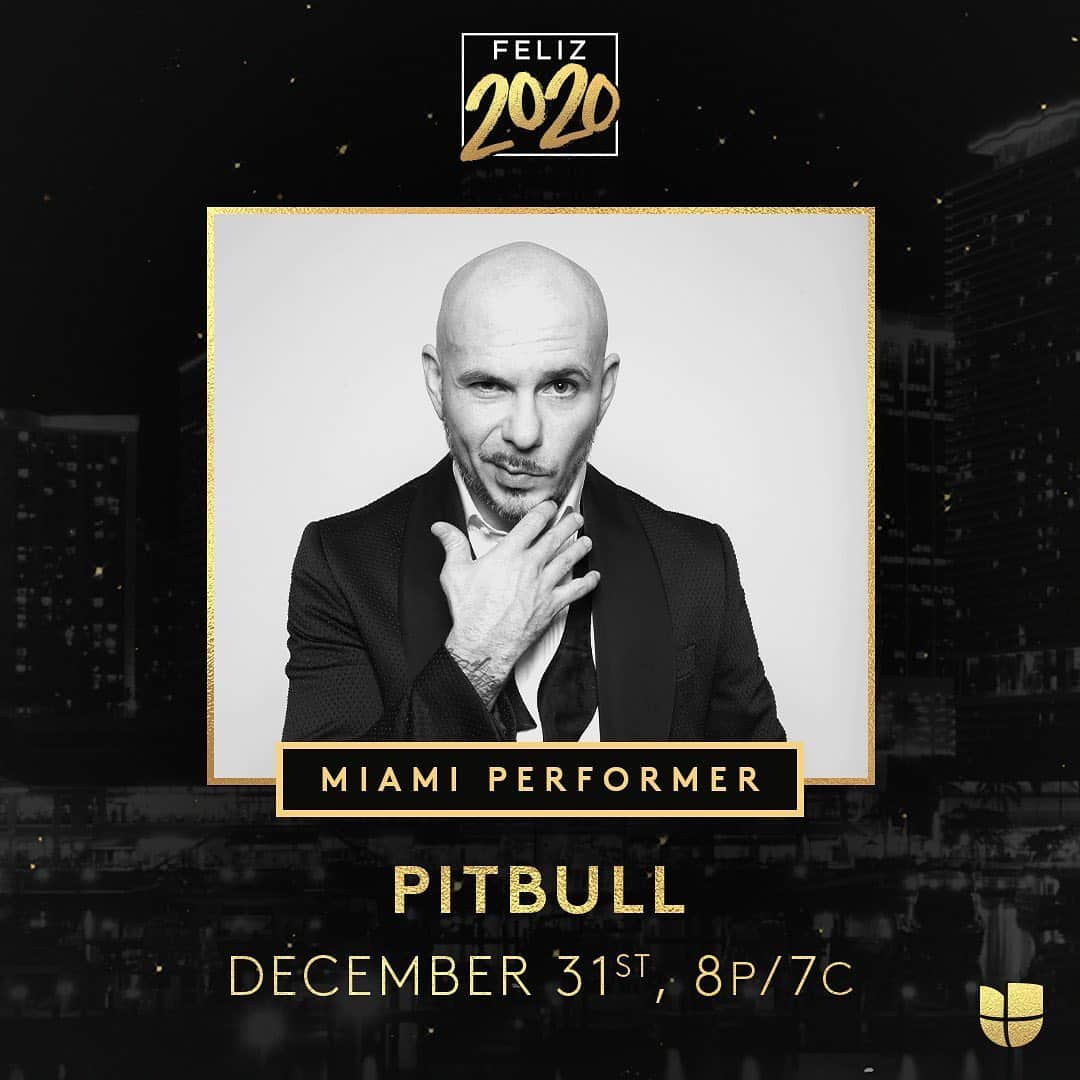 ピットブルのインスタグラム：「#Feliz2020 a las 8P/7C! @univision」