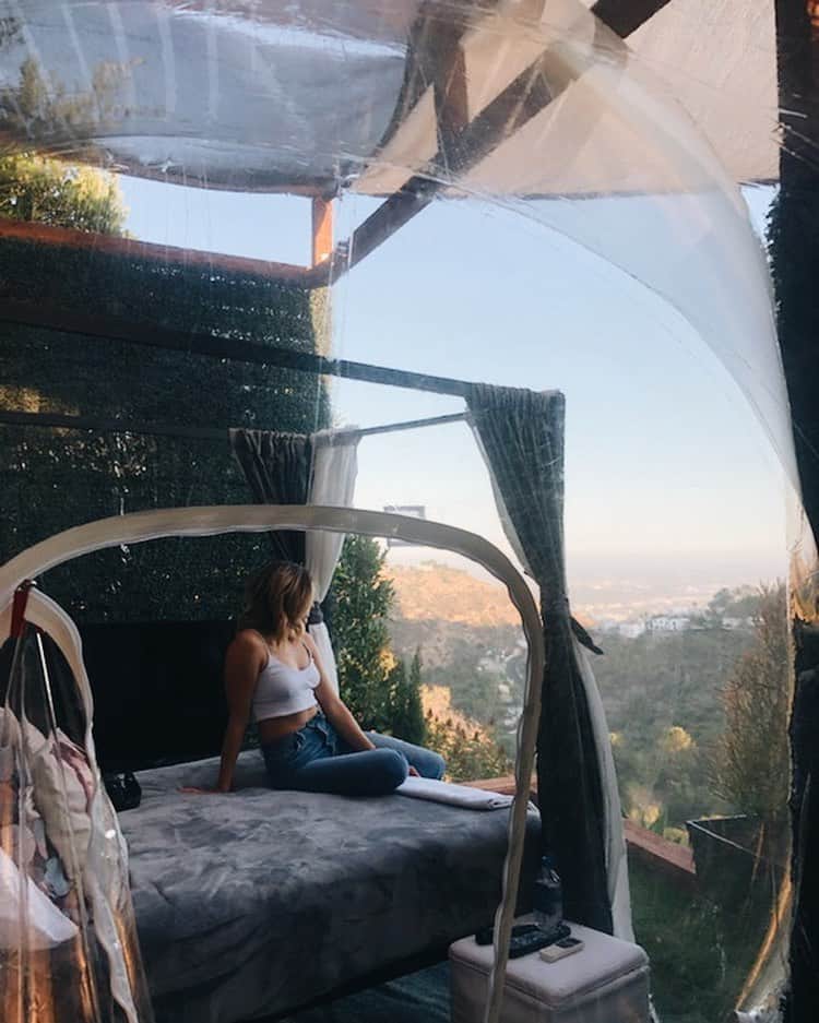 Monica Churchのインスタグラム：「Me, not looking back at 2019. But actually I just posted a vlog where I tragically broke my hard drive and dug up some old footage staying in this literal bubble Airbnb. Happy New Years!」