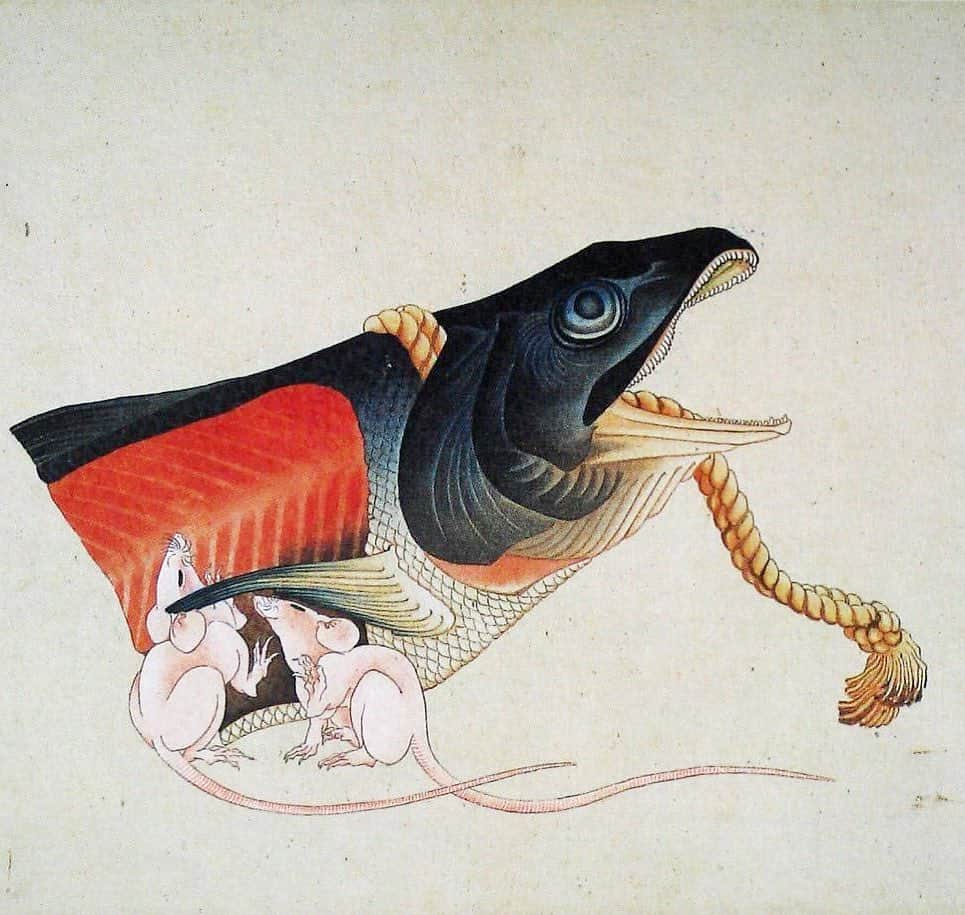 東京DANDYのインスタグラム：「Happy New Year. 2020, the year of the rat, the first sign in the traditional zodiac cycle. Rats and Salmon head, painting by Hokusai (1833). #zodiac #yearoftherat #2020 #Hokusai #rat #北斎」