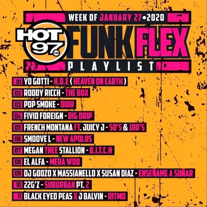 ファンクマスター・フレックスのインスタグラム：「THESE ARE MY FAVORITE SONGS THIS WEEK! WHAT SONGS AM I MISSING? 1 @YoGotti - H.O.E ( Heaven On Earth ) (prod by @ezelpee @millclinton_  #markdavon )  2  @roddyricch - The Box (Prod by @iam30roc ) 3 @RealPopSmoke - Dior (Prod. by @808melobeats )[ @RicoBeats + @StevenVictor ] 4 @fivioforeign_8fs - Big Drip (Prod by @axlbeats_1 ) 5 @FrenchMontana ft. @Juicyj - 50’s & 100’s ( Prod by @juicyj ) [ @salxo @cashxo ] 6 @smooveL_4 - New Apolo (Prod by @axlbeats_1  @808melo ) 7 @TheeStallion - B.I.T.C.H (Prod by @helluva313 )  8 @ElAlfaeljefe - Mera Woo (prod by @chaelproduciendo )  9 @goozodj x @massianello x @soysusandiaz - Enseñame A soñar 10 @22gzofficial - Suburban, Pt. 2 (Prod by @ghostyuk ) [ @whartonberg @vokarondon ] 11 @bep x @Jbalvin - RITMÓ (Prod by @iamwill )」