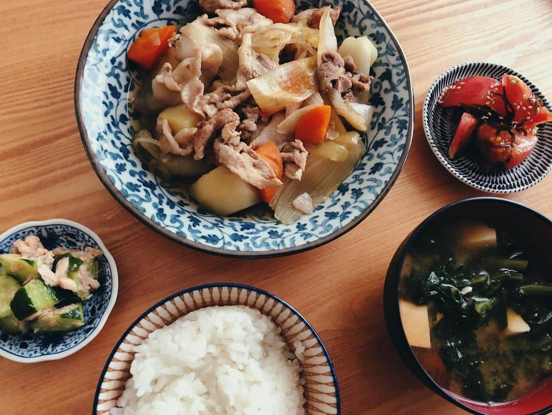 永田レイナさんのインスタグラム写真 - (永田レイナInstagram)「肉じゃがの日。 煮込み料理のにんじんが好きなので、 肉とじゃがくらい、にんじんが多くなります。 肉じゃがにんじんかもしれない。 お箸置きはそういうことです。  お味噌汁は春菊とお豆腐。 副菜はトマトの塩昆布和えと きゅうりとツナの…なんか…味がついたやつです。 . . #レイナキッチン #肉じゃが #夕飯 #おうちごはん #dinner #cooking」1月27日 23時10分 - reina_nagata