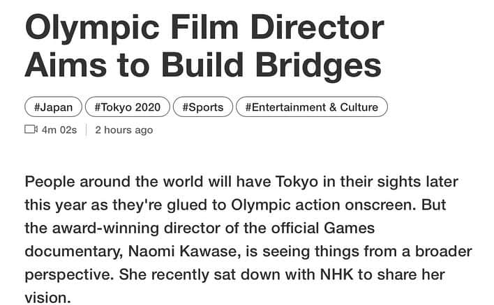 河瀬直美さんのインスタグラム写真 - (河瀬直美Instagram)「Naomi's interview is now on the NHK world. https://www3.nhk.or.jp/nhkworld/en/news/videos/20200127133513798  It provides the latest information of Japan and Asia through television, radio and online to a global audience.  I am happy to share about this interview for people through the world.  Please take a look!  テレビ、ラジオ、インターネットで日本やアジアの情報を世界に発信している、NHK WORLDにて、かわせのインタビュー映像が配信されています。  https://www3.nhk.or.jp/nhkworld/en/news/videos/20200127133513798/  広く世界の方々にもご覧いただけると嬉しいです！！ #JAPAN #tokyo2020 #nhk」1月27日 16時42分 - naomi.kawase