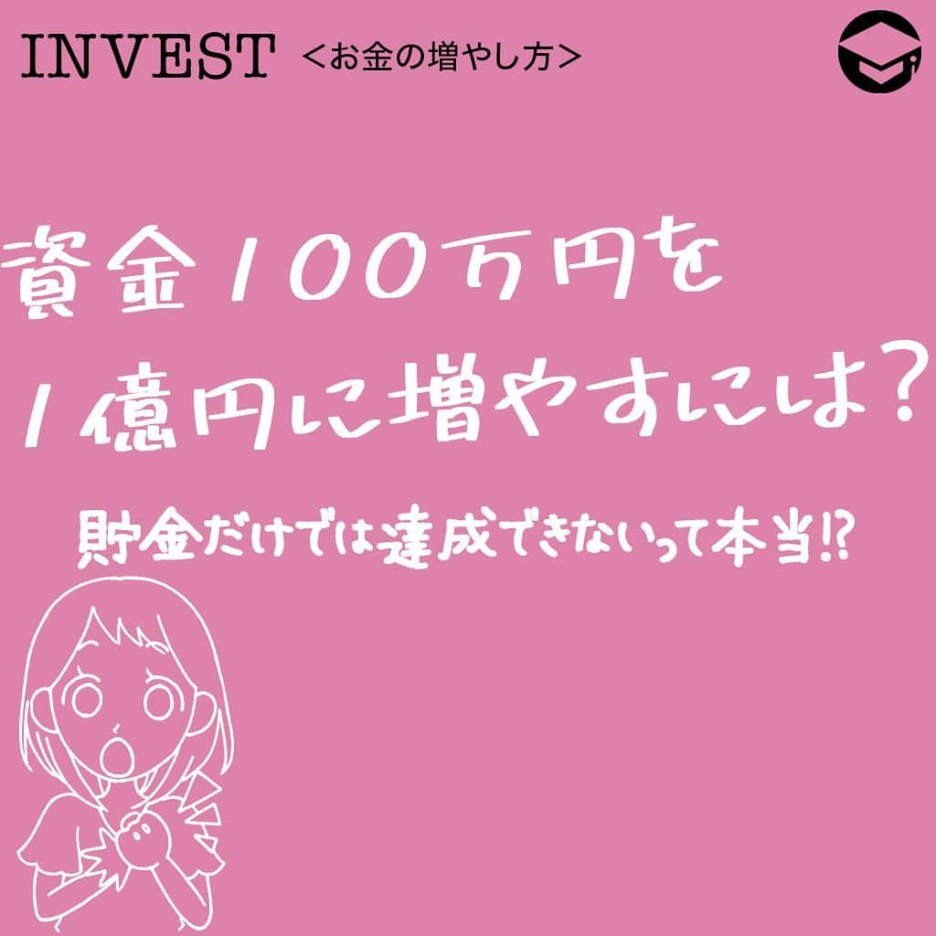 ファイナンシャルアカデミー(公式) さんのインスタグラム写真 - (ファイナンシャルアカデミー(公式) Instagram)「1億円あればいろいろなことができるのに…。なんて想像したことがある方も多いのではないでしょうか❓﻿ ﻿ 資産が1億円あれば多額の無駄遣いをしない限り、生活に困ることはないでしょう。老後の生活費を考えても十分です💫しかし、貯金だけで1億円を作るのはなかなか難しいもの。﻿ ﻿ 今回の記事は代表的な投資である「株式投資」「不動産投資」「FX」の3種類それぞれのお金の増やし方を、資産運用をやってみたいという方や資産運用初心者の方にもわかりやすくご紹介します💡﻿ ﻿ ーーーーーーーーーーーーーーーーーーーーーーーー﻿ ﻿ 貯金だけで1億円は達成できない❓﻿ ﻿ ーーーーーーーーーーーーーーーーーーーーーーーー﻿ ﻿ ﻿ 資産1億円を達成できれば「経済的自由」を手に入れられますが、1億円を貯金だけで達成するのは極めて困難です😩﻿ ﻿ 毎年100万円の貯金で100年間、200万円の貯金で50年間という計算になり現実的ではありません。﻿ ﻿ そのため、1億円を達成するには投資によりお金を増やしていくことが重要です❗️﻿ ﻿ ﻿ ーーーーーーーーーーーーーーーーーーーーーーーー﻿ ﻿ 100万円から1億円を目指すお金の増やし方①株式投資﻿ ﻿ ーーーーーーーーーーーーーーーーーーーーーーーー﻿ ﻿ 株式投資は基本的には株価が上昇すれば利益を得られます。﻿ ﻿ 株価が下落すれば利益が出る空売りという方法もありますが、投資初心者にはおすすめしません🙅‍♂️﻿ ﻿ 株式投資をするのであれば、日経平均株価やダウ平均、S&P500などの有名な指数はチェックするようにしましょう👀﻿ ﻿ 世界的に有名な企業であるアップルの株価は30年で100倍以上になっていますし、アマゾンはなんと1,000倍以上に✨﻿ ﻿ 日本株でも、ソフトバンクやユニクロを運営するファーストリテイリングなどの有名企業の株価は数十倍以上に大きく上昇しています⤴️﻿ ﻿ ーーーーーーーーーーーーーーーーーーーーーーーー﻿ ﻿ 100万円から1億円を目指すお金の増やし方②不動産投資﻿ ﻿ ーーーーーーーーーーーーーーーーーーーーーーーー﻿ ﻿ 不動産投資も幅広い投資家に人気があります。﻿ ﻿ そのメリットは何といっても、レバレッジをかけて運用することができるという点💡﻿ ﻿ 不動産投資は通常、金融機関から多額の融資を受けることが一般的。「他人のお金で稼ぐことができる」というメリットがあります⭕️﻿ ﻿ しかも、保有している物件を担保に新たな融資を受けることもできるので、多額の資金を持っていなくとも多数の物件を所有することが可能です❗️﻿ ﻿ 物件選びに失敗しなければ資産は飛躍的に増加します。また、不動産投資は建物の経年劣化を減価償却という形で費用にすることができます💴これにより、会計上の利益を上回る資金が手元に残ることが一般的です。﻿ ﻿ そして、その資金を使い新たな物件を購入すれば資産形成スピードはより早まります✨﻿ ﻿ ただし、不動産は買い手側と売り手側で情報に差が大きいことが多く、物件購入には細心の注意が必要です。﻿ ﻿ ーーーーーーーーーーーーーーーーーーーーーーーー﻿ ﻿ 100万円から1億円を目指すお金の増やし方③FX﻿ ﻿ ーーーーーーーーーーーーーーーーーーーーーーーー﻿ ﻿ FXはいわゆるデイトレーダーに特に人気があります😊﻿ ﻿ FXの特徴は24時間取引可能ということ。﻿ ﻿ また、自動売買の仕組みも発達しており専用のソフトも。自動売買ソフトを利用することで、モニターと向き合わずに事前に設定したタイミングで自動的に売買ができます💫﻿ ﻿ また、FXはレバレッジをかけることが一般的で、損失も大きくなるというデメリットはありますが、効率的に資産を増やすことが可能です💡﻿ ﻿ 株価は数倍数十倍となることも多々ありますが、為替がそこまで大きく一方向に動くことはまずありません。ドル円で言えば、円高ドル安になったり円安ドル高になったりと上下運動が為替の基本の動きです⤴️⤵️﻿ ﻿ そのため、FX取引は買いと売りの両方をうまく取引することが求められます❗️﻿ ﻿ ーーーーーーーーーーーーーーーーーーーーーーーー﻿ ﻿ 迷ったらまずは株式投資をしてみる﻿ ﻿ ーーーーーーーーーーーーーーーーーーーーーーーー﻿ 3つの方法を紹介しましたが、迷ったらまずは株式投資をしてみることをおすすめします🙆‍♂️﻿ ﻿ 個別株を買うのであれば企業分析の知識が必要ですが、投資信託やＥＴＦなど市場全体に投資するという方法もあります。﻿ ﻿ 例えば世界中の株式に投資するということもできるので、専門的な知識や企業分析の時間が無くとも経済発展により利益を得ることが可能です⭕️﻿ ﻿ 今は、投資信託なら100円から投資ができる時代ですので、金額的にも初めての投資に向いています。ぜひチャレンジしてみてくださいね✨﻿ ﻿ ﻿ #ファイナンシャルアカデミー #お金の教養  #手書きアカウント #情報収集 #株式投資初心者 #株式投資女子 #株式投資 #株初心者 #株式女子 #投資女子 #株初心者 #投資生活 #お金が欲しい #資産1億円 #1億円」1月27日 17時14分 - financial_academy