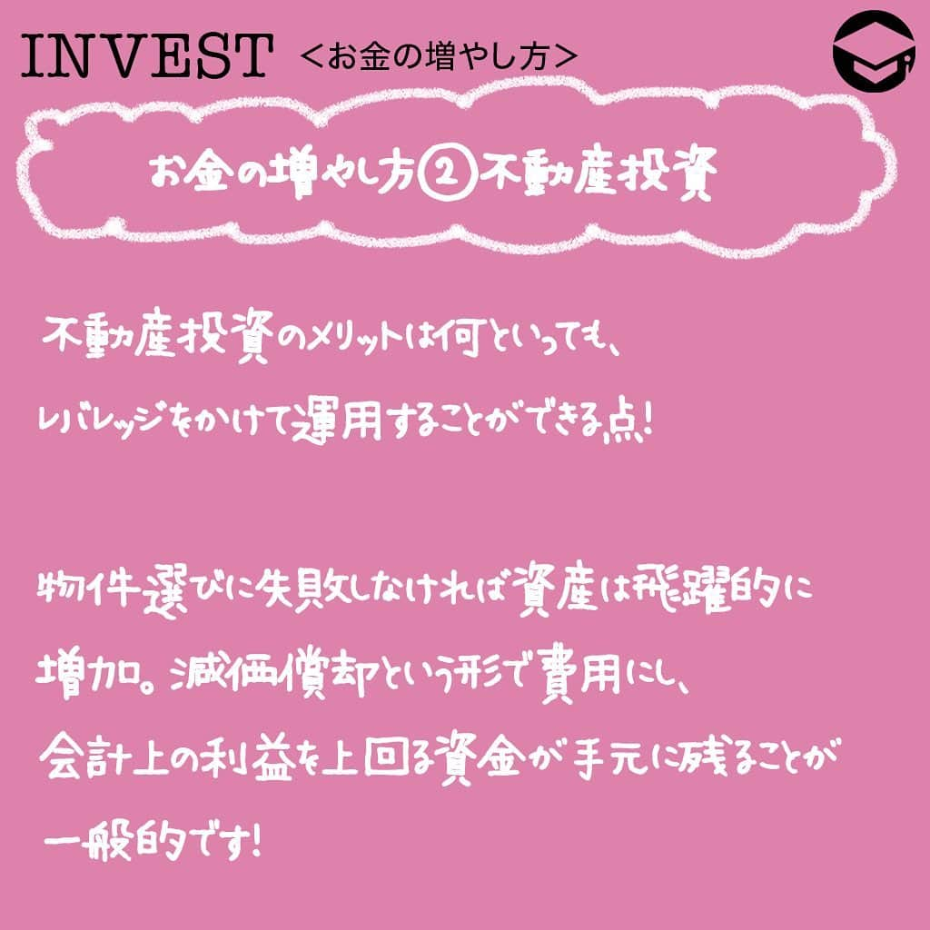 ファイナンシャルアカデミー(公式) さんのインスタグラム写真 - (ファイナンシャルアカデミー(公式) Instagram)「1億円あればいろいろなことができるのに…。なんて想像したことがある方も多いのではないでしょうか❓﻿ ﻿ 資産が1億円あれば多額の無駄遣いをしない限り、生活に困ることはないでしょう。老後の生活費を考えても十分です💫しかし、貯金だけで1億円を作るのはなかなか難しいもの。﻿ ﻿ 今回の記事は代表的な投資である「株式投資」「不動産投資」「FX」の3種類それぞれのお金の増やし方を、資産運用をやってみたいという方や資産運用初心者の方にもわかりやすくご紹介します💡﻿ ﻿ ーーーーーーーーーーーーーーーーーーーーーーーー﻿ ﻿ 貯金だけで1億円は達成できない❓﻿ ﻿ ーーーーーーーーーーーーーーーーーーーーーーーー﻿ ﻿ ﻿ 資産1億円を達成できれば「経済的自由」を手に入れられますが、1億円を貯金だけで達成するのは極めて困難です😩﻿ ﻿ 毎年100万円の貯金で100年間、200万円の貯金で50年間という計算になり現実的ではありません。﻿ ﻿ そのため、1億円を達成するには投資によりお金を増やしていくことが重要です❗️﻿ ﻿ ﻿ ーーーーーーーーーーーーーーーーーーーーーーーー﻿ ﻿ 100万円から1億円を目指すお金の増やし方①株式投資﻿ ﻿ ーーーーーーーーーーーーーーーーーーーーーーーー﻿ ﻿ 株式投資は基本的には株価が上昇すれば利益を得られます。﻿ ﻿ 株価が下落すれば利益が出る空売りという方法もありますが、投資初心者にはおすすめしません🙅‍♂️﻿ ﻿ 株式投資をするのであれば、日経平均株価やダウ平均、S&P500などの有名な指数はチェックするようにしましょう👀﻿ ﻿ 世界的に有名な企業であるアップルの株価は30年で100倍以上になっていますし、アマゾンはなんと1,000倍以上に✨﻿ ﻿ 日本株でも、ソフトバンクやユニクロを運営するファーストリテイリングなどの有名企業の株価は数十倍以上に大きく上昇しています⤴️﻿ ﻿ ーーーーーーーーーーーーーーーーーーーーーーーー﻿ ﻿ 100万円から1億円を目指すお金の増やし方②不動産投資﻿ ﻿ ーーーーーーーーーーーーーーーーーーーーーーーー﻿ ﻿ 不動産投資も幅広い投資家に人気があります。﻿ ﻿ そのメリットは何といっても、レバレッジをかけて運用することができるという点💡﻿ ﻿ 不動産投資は通常、金融機関から多額の融資を受けることが一般的。「他人のお金で稼ぐことができる」というメリットがあります⭕️﻿ ﻿ しかも、保有している物件を担保に新たな融資を受けることもできるので、多額の資金を持っていなくとも多数の物件を所有することが可能です❗️﻿ ﻿ 物件選びに失敗しなければ資産は飛躍的に増加します。また、不動産投資は建物の経年劣化を減価償却という形で費用にすることができます💴これにより、会計上の利益を上回る資金が手元に残ることが一般的です。﻿ ﻿ そして、その資金を使い新たな物件を購入すれば資産形成スピードはより早まります✨﻿ ﻿ ただし、不動産は買い手側と売り手側で情報に差が大きいことが多く、物件購入には細心の注意が必要です。﻿ ﻿ ーーーーーーーーーーーーーーーーーーーーーーーー﻿ ﻿ 100万円から1億円を目指すお金の増やし方③FX﻿ ﻿ ーーーーーーーーーーーーーーーーーーーーーーーー﻿ ﻿ FXはいわゆるデイトレーダーに特に人気があります😊﻿ ﻿ FXの特徴は24時間取引可能ということ。﻿ ﻿ また、自動売買の仕組みも発達しており専用のソフトも。自動売買ソフトを利用することで、モニターと向き合わずに事前に設定したタイミングで自動的に売買ができます💫﻿ ﻿ また、FXはレバレッジをかけることが一般的で、損失も大きくなるというデメリットはありますが、効率的に資産を増やすことが可能です💡﻿ ﻿ 株価は数倍数十倍となることも多々ありますが、為替がそこまで大きく一方向に動くことはまずありません。ドル円で言えば、円高ドル安になったり円安ドル高になったりと上下運動が為替の基本の動きです⤴️⤵️﻿ ﻿ そのため、FX取引は買いと売りの両方をうまく取引することが求められます❗️﻿ ﻿ ーーーーーーーーーーーーーーーーーーーーーーーー﻿ ﻿ 迷ったらまずは株式投資をしてみる﻿ ﻿ ーーーーーーーーーーーーーーーーーーーーーーーー﻿ 3つの方法を紹介しましたが、迷ったらまずは株式投資をしてみることをおすすめします🙆‍♂️﻿ ﻿ 個別株を買うのであれば企業分析の知識が必要ですが、投資信託やＥＴＦなど市場全体に投資するという方法もあります。﻿ ﻿ 例えば世界中の株式に投資するということもできるので、専門的な知識や企業分析の時間が無くとも経済発展により利益を得ることが可能です⭕️﻿ ﻿ 今は、投資信託なら100円から投資ができる時代ですので、金額的にも初めての投資に向いています。ぜひチャレンジしてみてくださいね✨﻿ ﻿ ﻿ #ファイナンシャルアカデミー #お金の教養  #手書きアカウント #情報収集 #株式投資初心者 #株式投資女子 #株式投資 #株初心者 #株式女子 #投資女子 #株初心者 #投資生活 #お金が欲しい #資産1億円 #1億円」1月27日 17時14分 - financial_academy