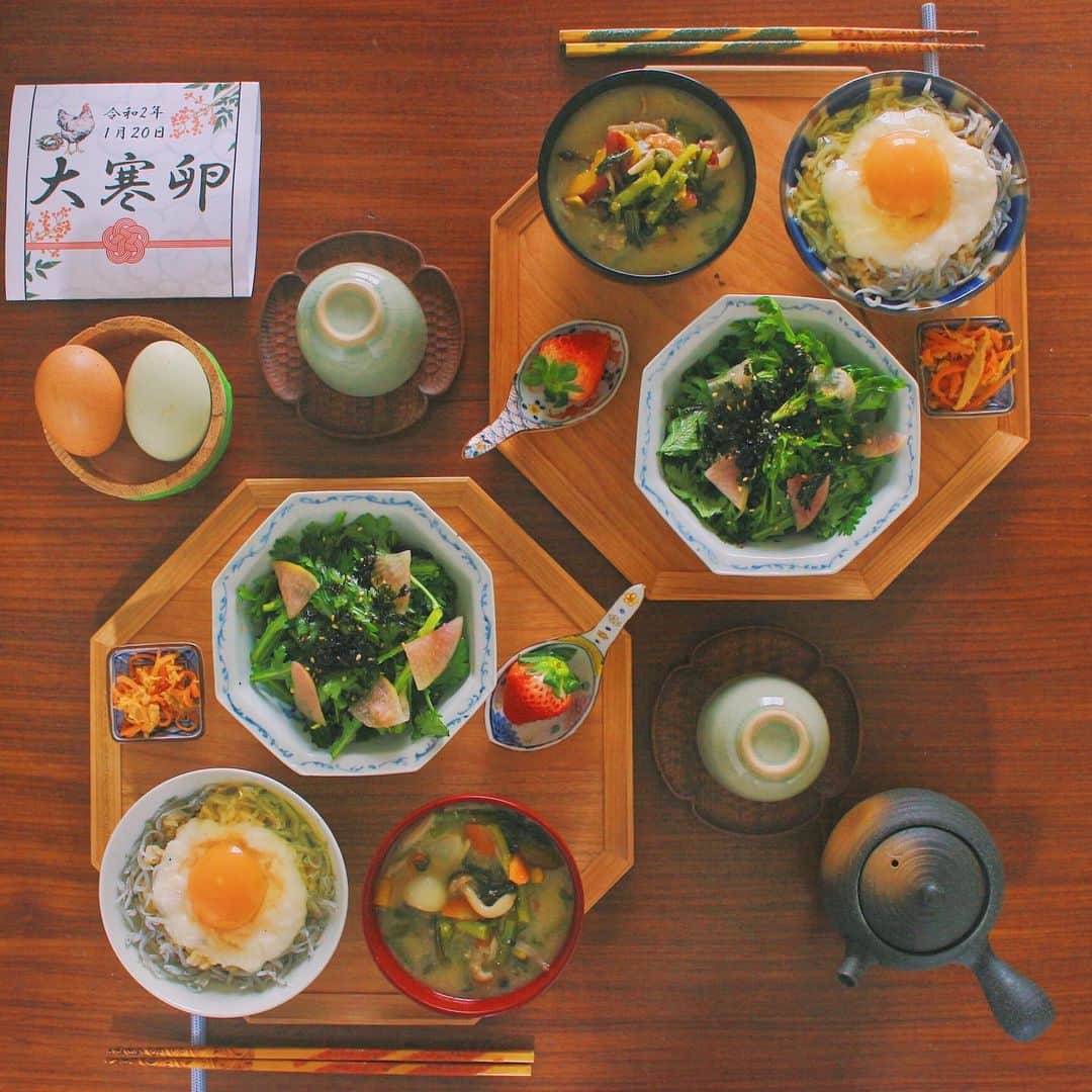 Kaori from Japanese Kitchenさんのインスタグラム写真 - (Kaori from Japanese KitchenInstagram)「大寒卵で運気アップの卵かけごはん。お気に入りの八角盆です。 ・ こんばんは。 ちょっと前の朝ごはん。 今回の卵は「大寒卵」という 大寒の日に産んだ卵です。 大寒卵を食べると金運アップと 昔から言われているそうです。 毎年、ベジさん( @vegi_pool )から 購入させてもらっています。 殻が固くて黄身も弾力があります。 そして臭みがなくて美味しい！ 大和芋もベジさんのおまけ。 いつもありがとうございます。 ・ インフルに新型肺炎に 本当に病気が怖い… しっかり食べて寝て動いて笑って 免疫力つけて冬を乗り切ります。 ごちそうさまでした。 本日もあたたかくしておやすみください。 ・ 【おしながき】 大寒卵の卵かけご飯 春菊の茎と色々野菜のお味噌汁 春菊の簡単チョレギサラダと紅芯大根のマリネ ＊今回も薬膳走り書きはお休みです＊ ・ Hi from Tokyo! Here's Japanese breakfast:Brown rice w/ egg yolk on top, miso soup, green salad w/ pickled radish, and stir-fried carrot and tuna. ・ ・ 2020.01.27 Mon ・ ・ #japanesemeal #japanesefood #washoku #breakfast #朝ごはん #おうちごはん #早餐 #아침밥 #薬膳 #うつわ #和食器 #japonais #自炊 #松浦コータロー #佐藤もも子」1月27日 19時55分 - coco_kontasu