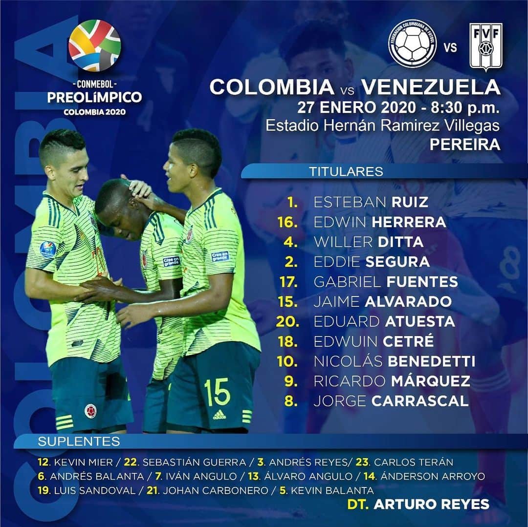 サッカー コロンビア代表チームのインスタグラム：「Este es el XI inicial de nuestra Selección Colombia Sub-23 para el partido de esta noche ante @fvf_oficial. 👊💪 Colombia 🇨🇴 🆚 🇻🇪 Venezuela  #COLxVEN #PreolímpicoColombia2020 #VamosColombia」