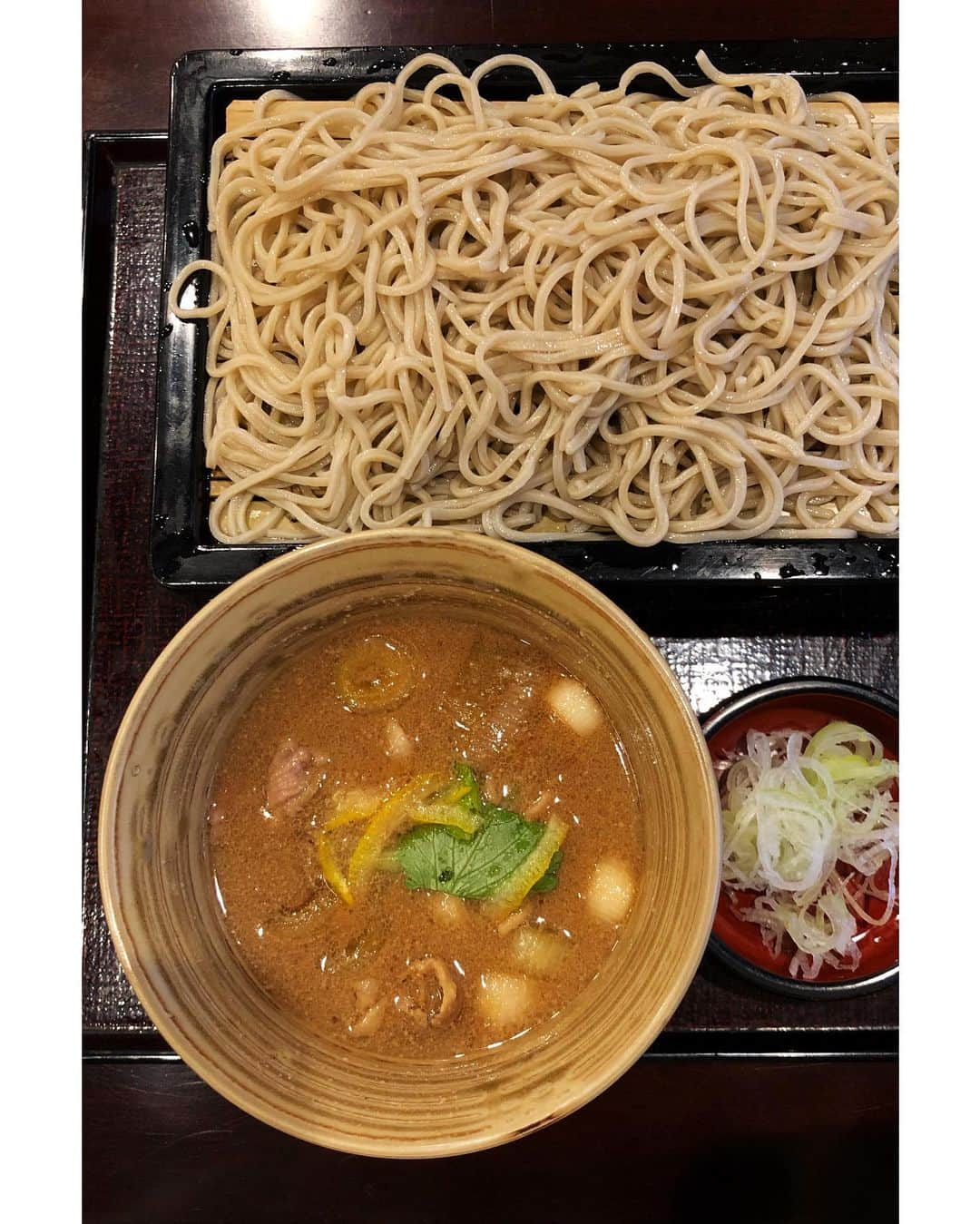 Ryoko Yunokiのインスタグラム：「+ + + Soba noodles with slices of dick breast and scallions in duck broth😋 + + + #鴨せいろ #紅葉川」