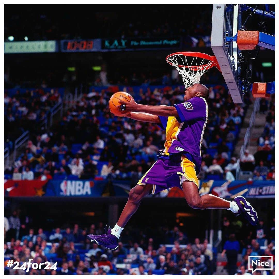 Nice Kicksさんのインスタグラム写真 - (Nice KicksInstagram)「#24for24 - Eighteen-Year-Old Rookie Kobe Bryant electrified the 1997 NBA Slam Dunk Contest on the heels of his 31-point performance in the Rookie Challenge earlier in the day. The Dunk Contest was packed with basketball greats and celebrities on hand including Kobe’s good friend and former prom date, Brandy. Kobe narrowly advanced to the final round of the contest by just one point. Kobe was the first to go for the final round scoring 49 points of 50 that was impossible for the others to catch. Kobe Bryant became the youngest player to win the NBA Slam Dunk Contest.」1月28日 1時32分 - nicekicks