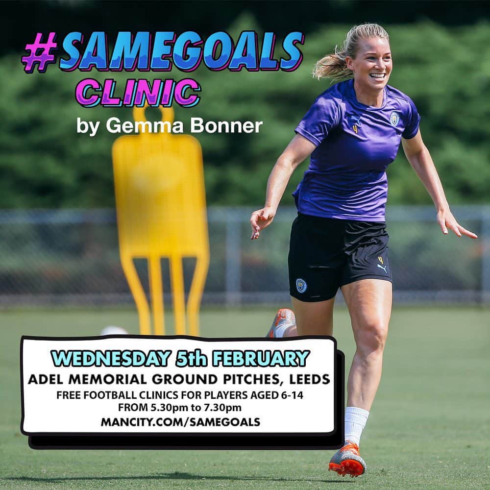 ジェンマ・ボナーのインスタグラム：「As part of this year’s #SameGoals campaign, I will be hosting free football clinics alongside @mancity for 6 to 14 year olds on Wednesday 5th February from 5.30pm to 7.30pm. ⠀⠀⠀⠀⠀⠀⠀⠀⠀ They will be at Adel Memorial Ground Pitches in Leeds, back where football first began for me! ⠀⠀⠀⠀⠀⠀⠀⠀⠀ No registration is required - can’t wait to see you there! 😆」