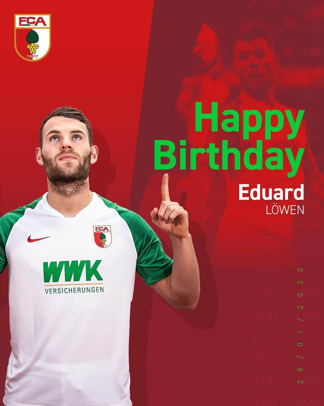 FCアウクスブルクさんのインスタグラム写真 - (FCアウクスブルクInstagram)「Gesundheit, Zufriedenheit und eine erfolgreiche Zeit bei unserem #FCA, Edu #Löwen! ✊🥳 #HappyBirthday #FCA1907 #fcaugsburg」1月28日 18時05分 - fcaugsburg1907