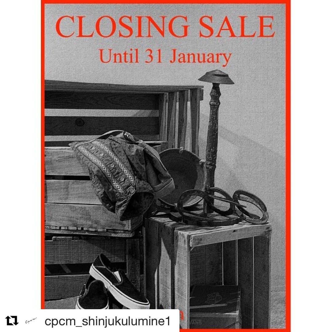 のインスタグラム：「#Repost @cpcm_shinjukulumine1 with @get_repost ・・・ . CLOSING SALE  ALL ITEMS 70%  CPCM SHINJUKU POP-UP STORE  CPCM新宿ルミネ店は1月31日をもちまして閉店となります。 2019年3月1日にオープンしおよそ1年間のご愛顧、誠にありがとうございます。 長きにわたり来店・ご利用頂きましたお客様方に 心より御礼申し上げます。  つきましては皆様に感謝を込めて「CLOSING SALE」を開催いたします。メンズ、レディース、ヴィンテージ、ライフスタイル、家具等、全ての商品が70%Offからと大変お得になっております。 残り4日間となっておりますが皆様のご来店をスタッフ一同、お待ちしております。  #cpcm  #cpcm_shinjukulumine1  #閉店セール #閉店  #closingsale #新宿 #新宿ルミネ #lumine  #lumine1  #lumine新宿」
