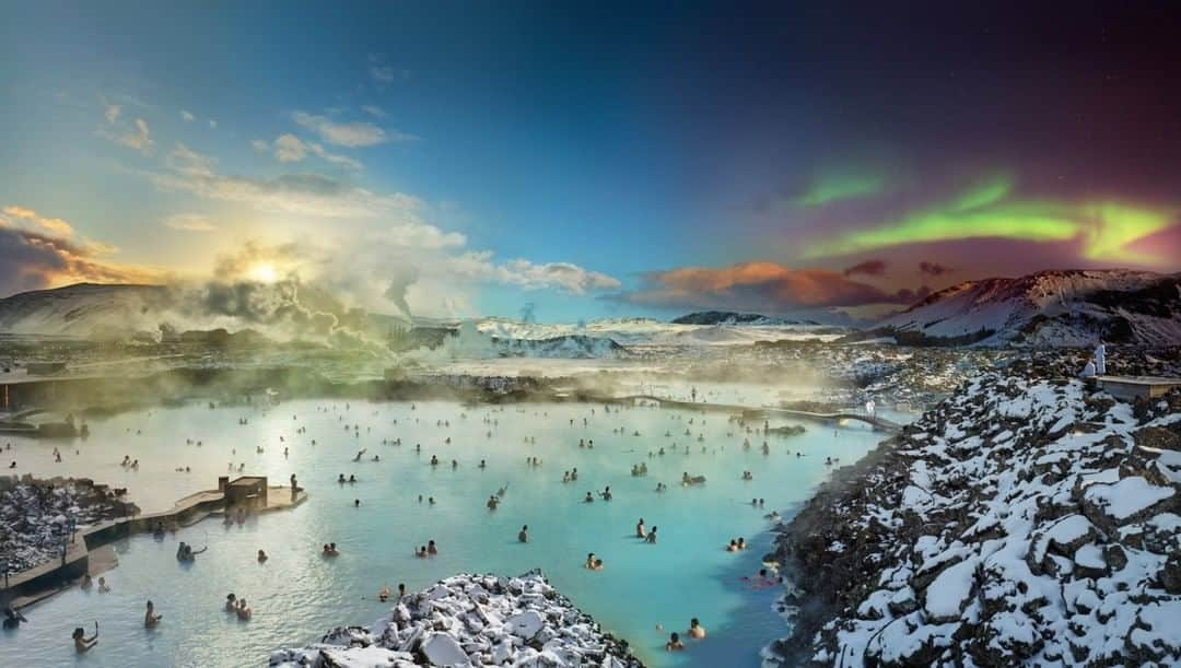 ナショナルジオグラフィックさんのインスタグラム写真 - (ナショナルジオグラフィックInstagram)「Photo by @stephenwilkes | This Day to Night was photographed at the Blue Lagoon in Iceland. I have always wanted to capture this magical place, with its northern lights and gorgeous snowy views. What's unique about the Blue Lagoon is the water—a by-product from the nearby geothermal plant, thus making the lagoon a natural spa. Geothermal sources provide up to 20% of the country’s electrical use. These underground fields, which create pools such as the lagoon, provide the entire country with an almost endless and inexpensive supply of natural hot water. This experience was a memorable one. When we arrived, there were 50 mph wind gusts so strong that we could barely stand. The weather was constantly changing, from sun to clouds to snow, and the temperature well below freezing. I found an ideal setup overlooking the lagoon, and my assistants and I remained for over 30 hours. I was fortunate enough to capture the aurora borealis on my last night. They were more beautiful than I could have ever imagined.  In the Day to Night series, epic cityscapes and landscapes are portrayed from a fixed camera angle, capturing fleeting moments of humanity and nature as light passes in front of the lens over the course of a full day. A select group of these images are blended into a single composite. The Day to Night monograph has been released by Taschen. To see more about the book and my travels near and far, follow me @stephenwilkes.  #DayToNight #StephenWilkes #BlueLagoon #Iceland」1月28日 16時39分 - natgeo