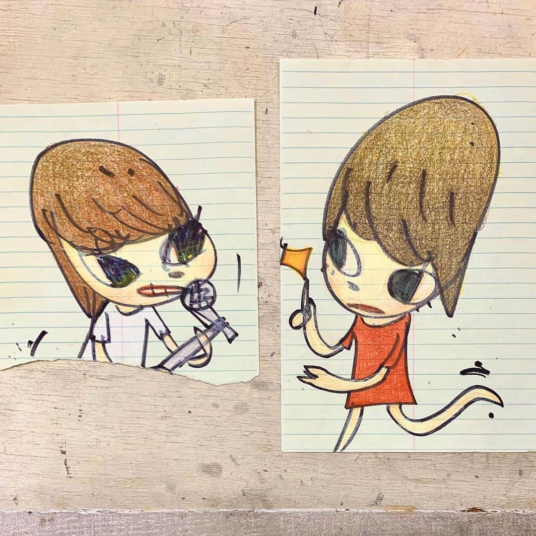 奈良美智のインスタグラム：「picked up some abandoned drawings from last year and new drawings (3rd image) from this month.  They are not for sale yet. I’m creating those, actually not for sale, but to find myself.」