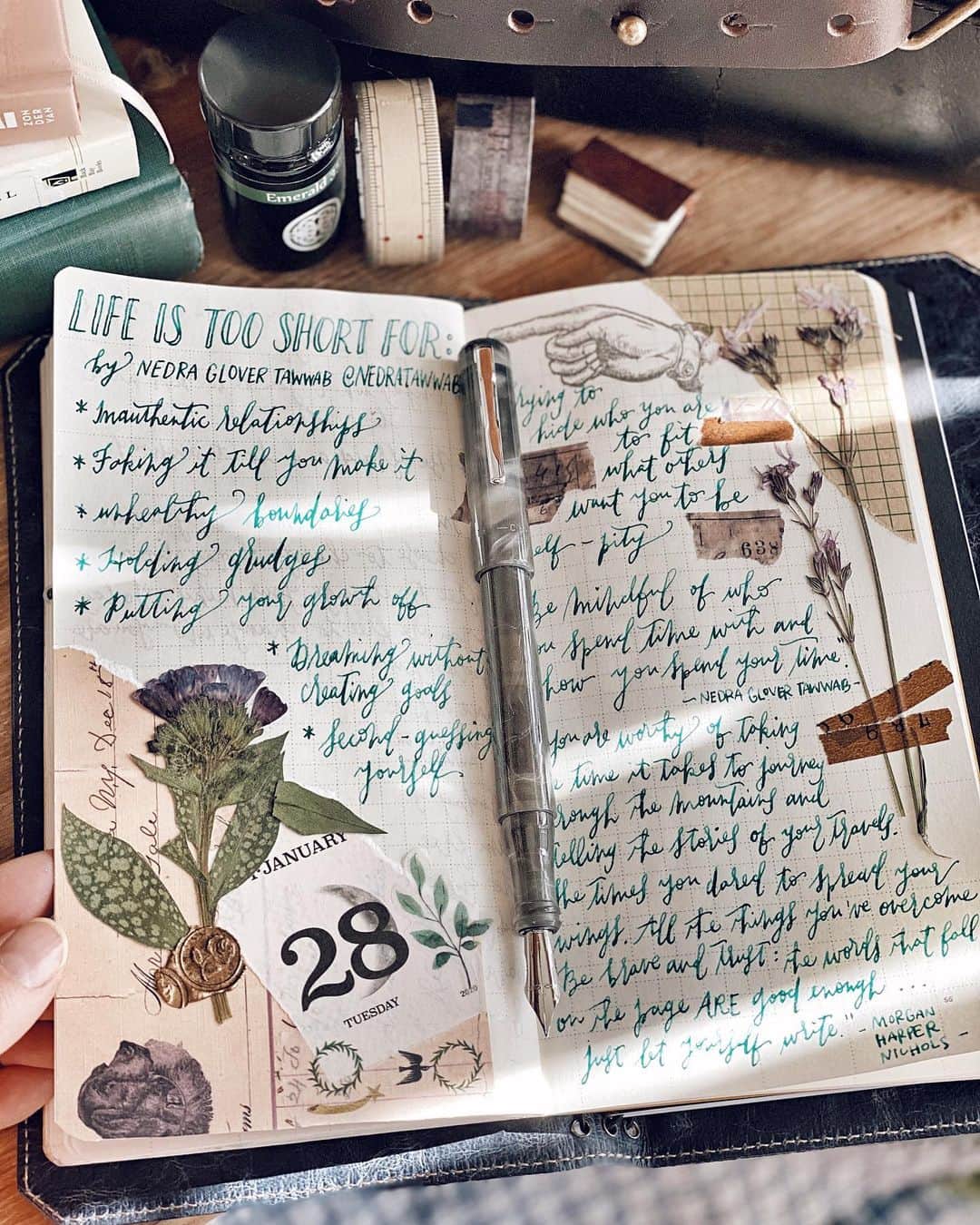 Catharine Mi-Sookさんのインスタグラム写真 - (Catharine Mi-SookInstagram)「Today’s self-care: a pause in the day for rooibos tea in my favorite mug, bullet-journaling a helpful list by @nedratawwab, making my creative nook beautiful for no other reason than it bringing me joy, affirming myself out loud with truth, and unpacking a fear and choosing to honor what is healthy for me instead of yielding to that fear. Step by step, step by step. . . Here is the list by @nedratawwab from her post earlier today that I penned in my weekly bullet journal — . . Life Is Too Short For: . * Inauthentic relationships * Faking it till you make it * Unhealthy boundaries * Holding grudges * Putting your growth off * Dreaming without creating goals * Second-guessing yourself * Trying to hide who you are to fit what others want you to be * Self-pity . “Be mindful of who you spend time with and how you spend your time.” -Nedra Glover Tawwab . . Do any of these resonate with you? Would you add anything to this list? This is my journal prompt for later — which of these are prominent in my life right now and what I might add to this list as well. What is something you can do today to take care of yourself? . . Joyful nook: Model 03 fountain pen with the steel extra-fine flex nib inked with Emerald 357, all by @franklinchristoph. Vagabond Notebook & Fortis Slingbag co-designed between @franklinchristoph and myself - link in bio. Universal Planner TN Insert @soumkine. Drafter Antique Textiles Pouch @pegandawl. Stickers & LCN brass pin @kiroku.de. Winter 2020 issue of @genic_mag (I have a feature in it). . . #selfcareroutine #bulletjournallove #journaling #franklinchristoph #fountainpens #fountainpenink #vagabondnotebook #fortisslingbag #whatsinmybag #travelersnotebook #soumkine #bulletjournalinspiration #bujoinspiration #bujoideas #bujospread #bulletjournalideas #stationerylover #pegandawl #thedailywriting #petalsandprops #loveforanalogue #genic_mag #ofquietmoments #hyggelife #bookaesthetic #teaandseasons #plannercommunity #journallove」1月29日 2時17分 - catharinemisook
