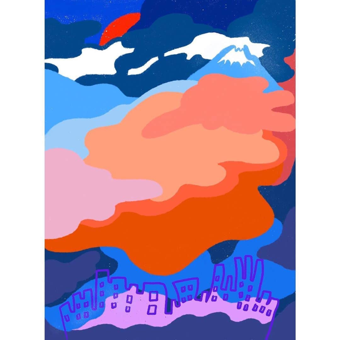nanamyのインスタグラム：「２０２０, heres my new project drawing born and raise city/concrete jungle TOKYO in a colorful and more abstract way! First piece 'Shiodome office sunset view' 🌆🗻🌆 ・  生まれてからずっと住み続けてる東京、少し飽き飽きしてたけどそれを活かして見方を変えて、今年はわたしが見る東京と素晴らしい日本の景色を描くことにしました。いつもと少し違うタッチ、どうだろう☺️」