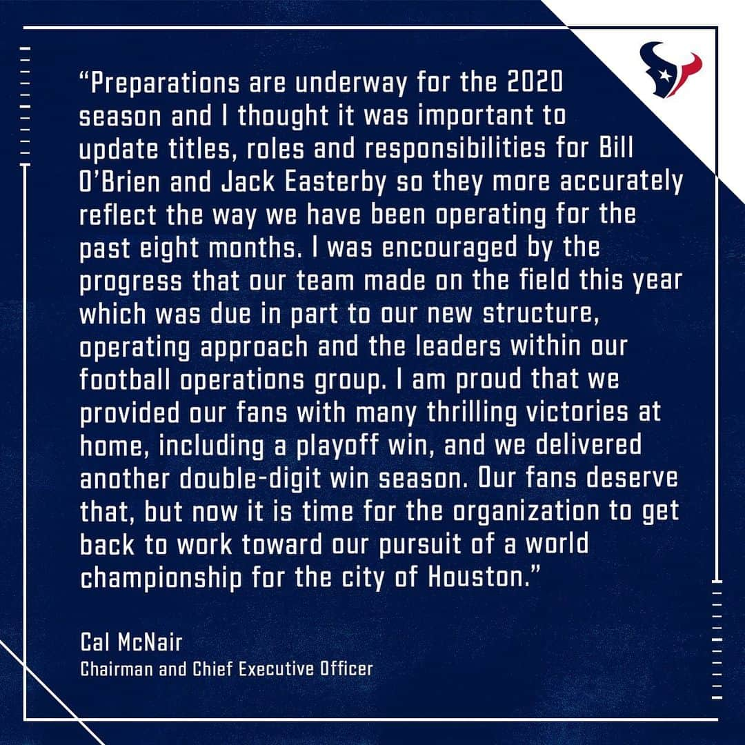 ヒューストン・テキサンズさんのインスタグラム写真 - (ヒューストン・テキサンズInstagram)「A statement from Houston Texans Chairman and CEO Cal McNair on title changes for Bill O’Brien (Head Coach and General Manager) and Jack Easterby (Executive Vice President of Football Operations).」1月29日 5時47分 - houstontexans