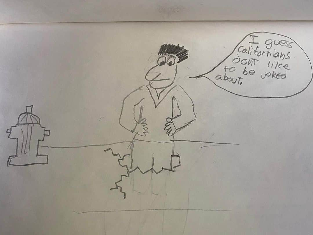 レイン・ウィルソンさんのインスタグラム写真 - (レイン・ウィルソンInstagram)「Recently found an old book of my drawings and “cartoons”. I guess this was my 12 year old attempt at a @NewYorker cartoon. I’m not exactly sure what I was thinking here - what exactly the source of the humor was. Apparently an angry Californian was walking down the sidewalk, minding his own business and the hero of the cartoon (probably a Washingtonian like myself) insulted him jokingly. Said “Californian”, now enraged, then picked him up and slammed him down INTO the sidewalk somehow keeping his legs intact. Wow. Savage. I vaguely remember that us Seattle-ites in the 70s/80s were resentful at Californians (kind of like the incessant, apocalyptic anti-Californian stories that Fox News always runs) for moving up and buying a lot of property and driving their fancy cars and whatnot. Anyhoo. I hope you enjoy this glimpse into the mind of a 12 year old aspiring cartoonist. I do like the hydrant.」1月29日 8時53分 - rainnwilson