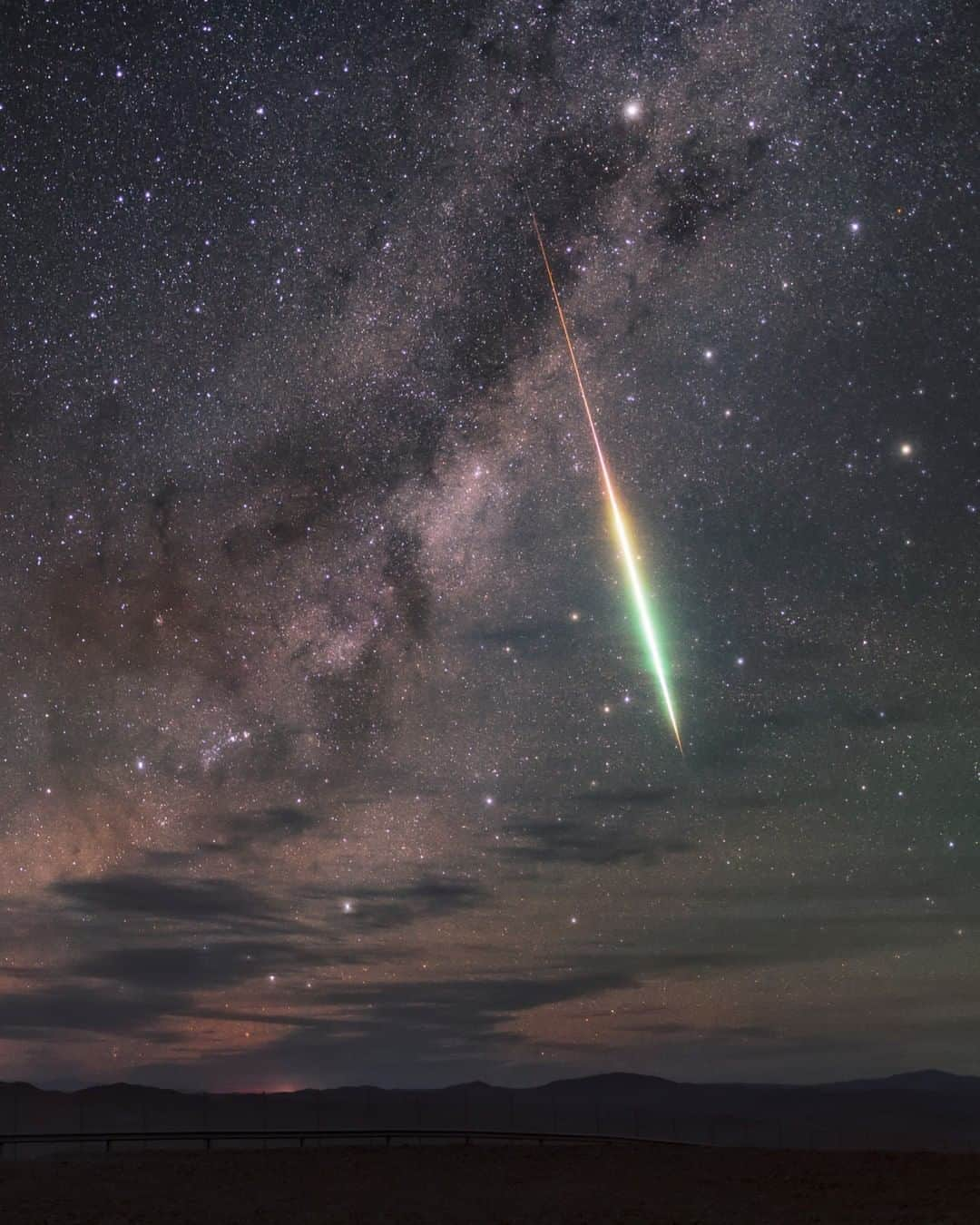 ナショナルジオグラフィックさんのインスタグラム写真 - (ナショナルジオグラフィックInstagram)「Photo by @babaktafreshi | A rare fireball, almost as bright as the moon, lights up the sky over the Atacama Desert, in Chile, for a second. Fireballs are meteors brighter than the planet Venus (the brightest object in the night sky after the moon). Most visible meteors do not create meteorites. They are caused by particles ranging in size from a small pebble to a grain of sand. The brilliant flash of light is not caused so much by the mass but by its high kinetic energy, generated by speed. A fireball like this is generated by a tennis ball-size meteoroid and may reach the ground in the form of a small rock, depending on its composition (ice, metal, or rock). Follow me @babaktafreshi for more of astronomy and space photography. ⁣#fireball #meteorshower #astrophotography #stargazing #twanight」1月29日 16時40分 - natgeo