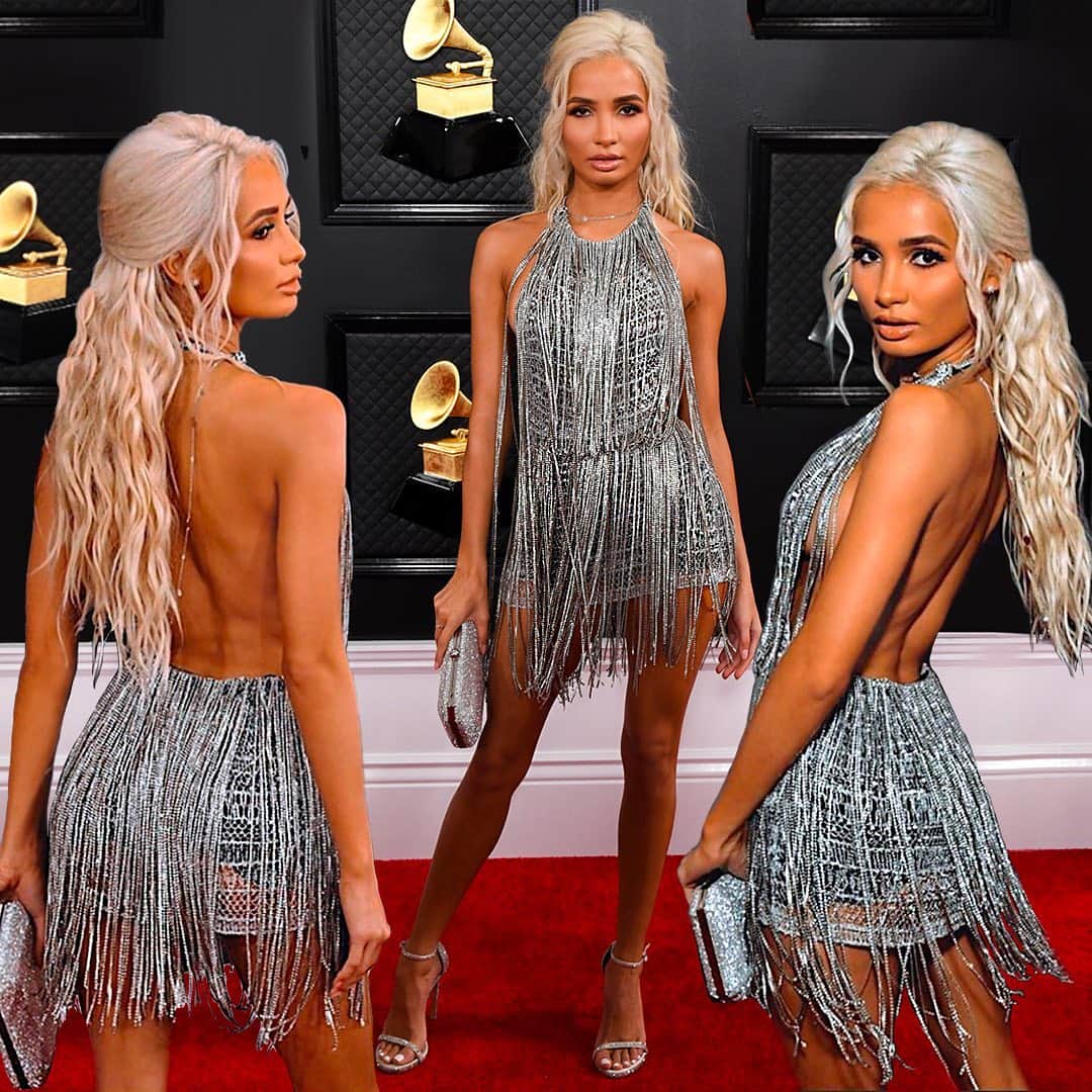 ジュリアンマクドナルドのインスタグラム：「@princesspiamia looked amazing at the @recordingacademy 62nd Grammy Awards in LA wearing a #JULIENMACDONALD Swarovski crystal fringe signature knit mini dress.  Styled by: @luxurylaw」