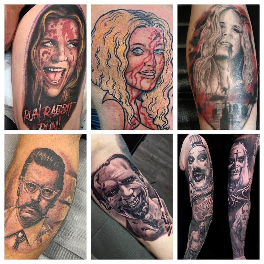 ロブ・ゾンビのインスタグラム：「A bunch of new tattoos from my films. I love seeing these! #3fromhell #thedevilsrejects #31 #houseof1000corpses #sherimoonzombie #robzombie #billmoseley #jeffdanielphillips #richardbrake #sidhaig」