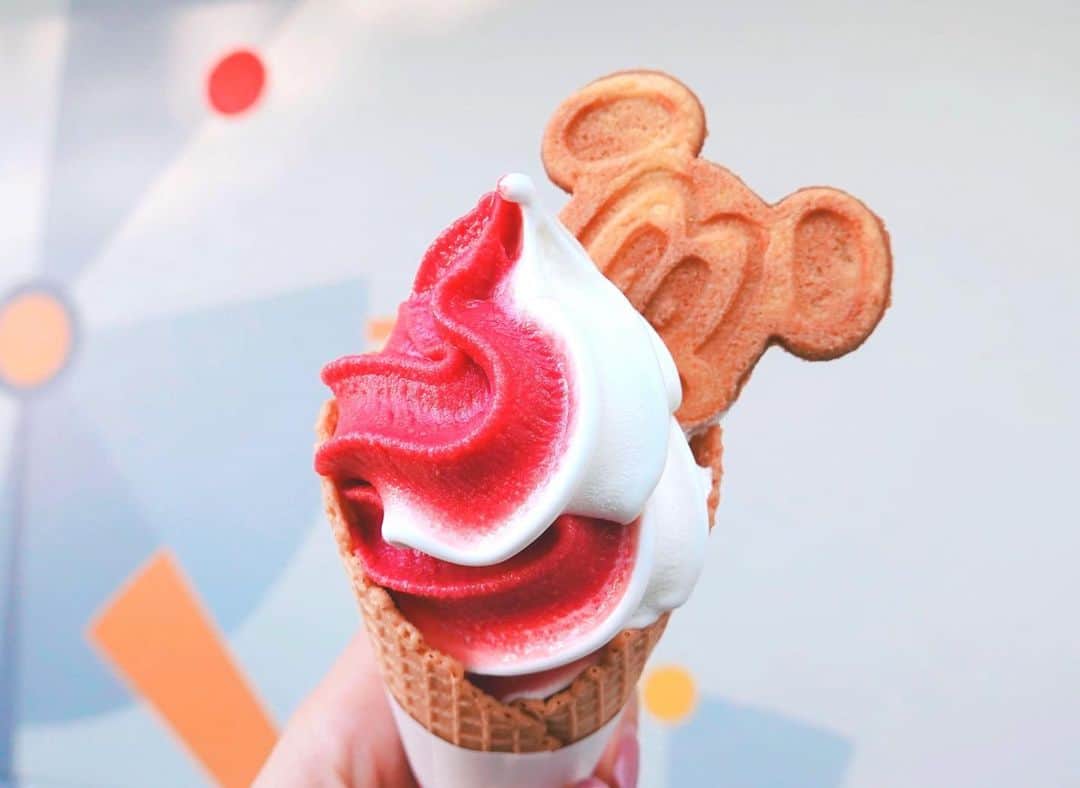 くまみきのインスタグラム：「ミッキーめっちゃのぞいてるソフトクリーム🐭🍦笑 アプリでなんとかかんとかするともらえるクッキーおいしかった🤤💗 (年パス持ちのくせに基本ディズニー行くときは詳しい人と行くのがほとんどだから食べ物もファストパスもショーの抽選も人任せになる🤭笑) 結衣ちゃんありがと🤣💗笑  #ソフトクリーム #ディズニーランド #着物ディズニー」