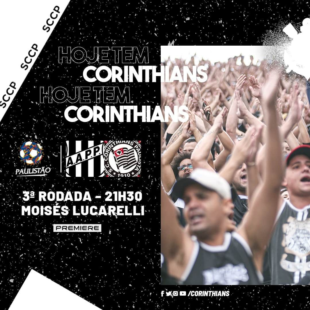 コリンチャンスさんのインスタグラム写真 - (コリンチャンスInstagram)「Hoje tem Timão em campo fora de casa, Fiel! ⠀⠀ ⠀⠀ ⚽ Ponte Preta x Corinthians ⠀⠀ 🏆 @paulistao ⠀⠀⠀⠀⠀⠀⠀ ⏰ 21h30⠀⠀⠀⠀⠀⠀⠀⠀⠀⠀ 🏟 Estádio Moisés Lucarelli⠀⠀ 📺 @canalpremiere ⠀ ⠀⠀ #PONxSCCP #VaiCorinthians #MeuBMG #NãoÉSóPatrocínio #MideadoBrasil #TimeDoPovo #Corinthians #Timão #CorinthiansTV #FielTorcedor #AFielÉFoda #UmSoCorinthians #NikeFutebol #Joli #EstrellaGalicia #LoucoPotyCorinthians #PostosALE #ALEnoTimão #TODOSportiCorinthians #CartãodeTODOSCorinthians #TODOSpeloTimão⠀ ⠀ #PraCegoVer: a imagem mostra a frase "Hoje Tem Corinthians" reproduzida duas vezes; abaixo dela, o logo do Paulistão e ao lado dele, os escudos de Ponte Preta e Corinthians; ao lado, há uma foto dos torcedores na arquibancada com os braços levantados.」1月30日 22時00分 - corinthians