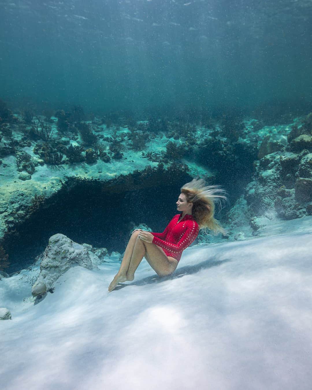 サシャ・カリスのインスタグラム：「Exploring one of the amazing blue holes in Andros 💦 Do you see it? 😉 With @bahamasnationaltrust 💙 📸 @andremusgrove」