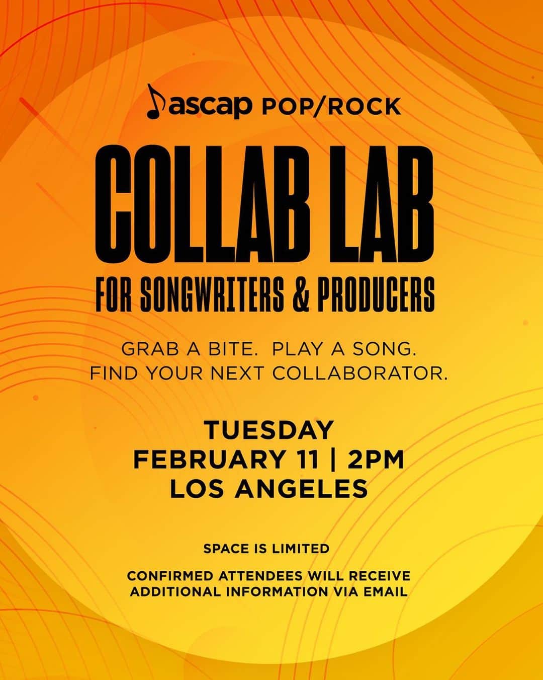 ASCAPさんのインスタグラム写真 - (ASCAPInstagram)「LOS ANGELES! We’re hosting a networking opportunity & a chance to share your music with fellow writers, producers & #ASCAPPop/Rock staff at our Collab Lab event on Tuesday Feb 11 from 2-4PM. Submit for a chance to attend at the link in our bio. Space is limited. (UPDATE: We have reached capacity for this event & are no longer accepting submissions. Thank you for your interest in ASCAP Collab Lab, we will be doing this at #ASCAPExperience in LA, April 1-3, get passes at the link in our bio + more info coming soon)」1月31日 3時57分 - ascap