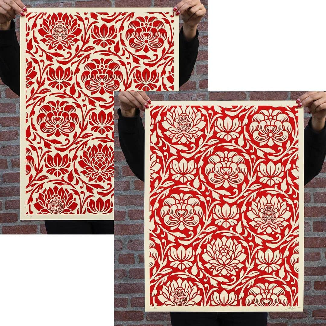 Shepard Faireyさんのインスタグラム写真 - (Shepard FaireyInstagram)「FLORAL HARMONY (FULL SET & PAIRS) AVAILABLE TUESDAY, FEBRUARY 4TH! ⠀⠀⠀⠀⠀⠀⠀⠀⠀ I’m always creating new patterns to use in my street installs and fine art pieces. I used to buy discontinued wallpaper to incorporate patterns into my art, but now I design and print my own. I think these look nice as stand alone prints, not just repeat patterns, so I’m releasing a 100 print edition of eight versions. I’m happy with the blue variations that make sense with the expanded color palette of my more recent art. There will be a few of the full matching numbered sets (all eight prints) available at a lower price per print as well. Check out the details below! -Shepard ⠀⠀⠀⠀⠀⠀⠀⠀⠀ Floral Harmony. Silkscreen on cream Speckle Tone Paper. 18 x 24 inches. Signed by Shepard Fairey. Numbered edition of 100. Limited quantities of the FULL set (all eight prints) will be sold at a discounted price of $280. PAIRS of each color way will be sold for $90: Dark Blue Yin/Yang, Light Blue Yin/Yang, Black Yin/Yang, Red Yin/Yang. Available on Tuesday, February 4th @ 10AM PDT at store.obeygiant.com/collections/prints. Max order: 1 of each set per customer/household. *Orders are not guaranteed as demand is high and inventory is limited.* Multiple orders will be refunded. International customers are responsible for import fees due upon delivery.⁣ ALL SALES FINAL.」1月31日 5時02分 - obeygiant