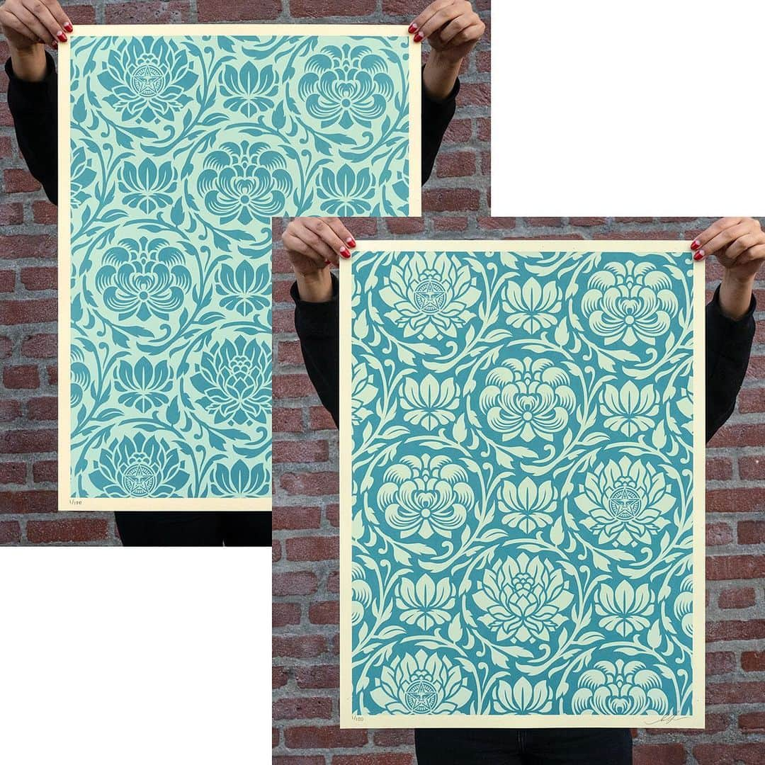 Shepard Faireyさんのインスタグラム写真 - (Shepard FaireyInstagram)「FLORAL HARMONY (FULL SET & PAIRS) AVAILABLE TUESDAY, FEBRUARY 4TH! ⠀⠀⠀⠀⠀⠀⠀⠀⠀ I’m always creating new patterns to use in my street installs and fine art pieces. I used to buy discontinued wallpaper to incorporate patterns into my art, but now I design and print my own. I think these look nice as stand alone prints, not just repeat patterns, so I’m releasing a 100 print edition of eight versions. I’m happy with the blue variations that make sense with the expanded color palette of my more recent art. There will be a few of the full matching numbered sets (all eight prints) available at a lower price per print as well. Check out the details below! -Shepard ⠀⠀⠀⠀⠀⠀⠀⠀⠀ Floral Harmony. Silkscreen on cream Speckle Tone Paper. 18 x 24 inches. Signed by Shepard Fairey. Numbered edition of 100. Limited quantities of the FULL set (all eight prints) will be sold at a discounted price of $280. PAIRS of each color way will be sold for $90: Dark Blue Yin/Yang, Light Blue Yin/Yang, Black Yin/Yang, Red Yin/Yang. Available on Tuesday, February 4th @ 10AM PDT at store.obeygiant.com/collections/prints. Max order: 1 of each set per customer/household. *Orders are not guaranteed as demand is high and inventory is limited.* Multiple orders will be refunded. International customers are responsible for import fees due upon delivery.⁣ ALL SALES FINAL.」1月31日 5時02分 - obeygiant