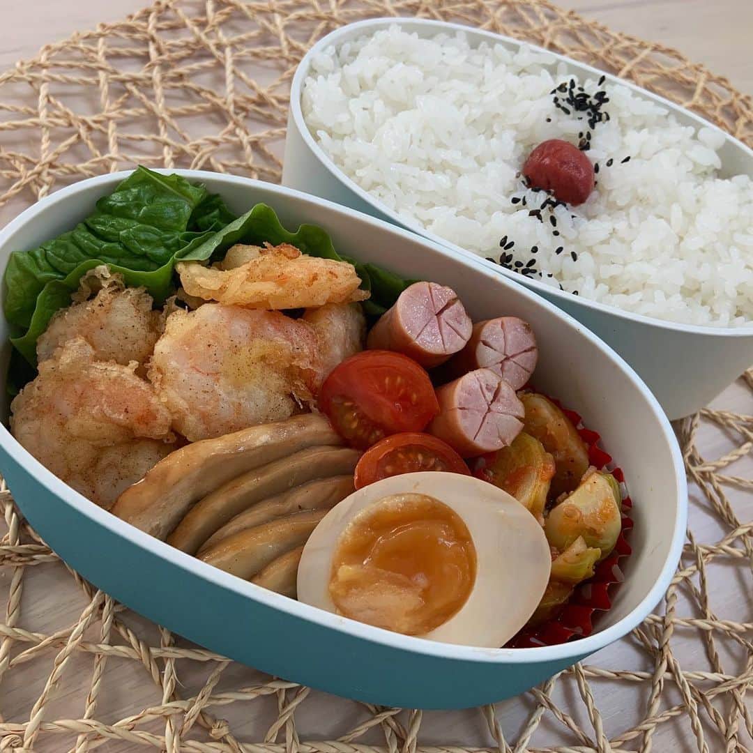 本田しおりのインスタグラム：「#今日のお弁当  #海老の天ぷら #ビックマッシュルームのバター醤油ソテー #芽キャベツのトマト煮 #煮卵  #ウインナー  #お弁当 #本田弁当 #旦那さん弁当 #神ちゃん弁当」
