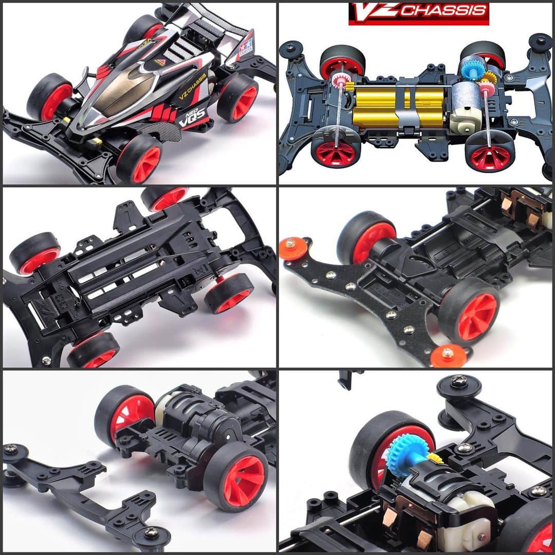 のインスタグラム：「ネオVQS (VZシャーシ)﻿ NEO-VQS (VZ CHASSIS)﻿ 2020年3月発売です🏁﻿ ﻿ 【 “ネオ”が見せる進化した走りに注目！ 】 シャフトドライブ四輪駆動を採用した高性能レーサーのプラスチックモデル組み立てキットです。ネオVQSはレーサーミニ四駆の名車、『バンキッシュJr.』をリデザインしたマシン。エッジの効いたシャープなフォルムはもちろん、オリジナルを受け継ぐ精悍なブラックで仕上げたボディカラーもポイントです。また、シャーシは軽量・コンパクトでセッティングの自由度も高いVZを採用。シャーシ本体に加え、バンパーやカバー類などのAパーツもボディに合わせたブラックで統一しました。そして、ダークな色合いに映えるレッドカラーの5本スポークホイールには小径ローハイトタイヤを装着。シルバーとレッドのグラフィックや、ウインドウなどを表現するメタリック調のステッカーもセットしました。﻿ ﻿ 【 VSシャーシを進化させたVZ 】 レースでも使われて人気が高い、小型・軽量・ショートホイールベースのVSシャーシの性能をさらに磨き上げたのがVZシャーシです。小回り性能やメンテナンス性の高さなど、VSシャーシの優れた特長はそのままに、バンパー、リヤステー基部、プロペラシャフト軸受けなどの強度をアップ。衝撃を吸収する適度な“しなり”もポイントです。また、リヤローラーステーに加えてフロントバンパーも分割が可能。セッティングの自由度も大幅に向上しています。そして、シャフトの軸受けは摩擦抵抗の少ないPOM樹脂製の620プラベアリングを採用。シャーシ本体とギヤカバーなどのAパーツはABS樹脂製、ギヤ比は3.5:1の超速タイプです。﻿ ﻿ 【 基本スペック 】 ●完成時の全長158mm、全幅98mm、全高43mm ●モーターつき ●接着剤を使わずはめ込みとビス止めで組み立てられます﻿ ﻿ #mini4wd ﻿ #ミニ四駆﻿ #tamiyamini4wd」