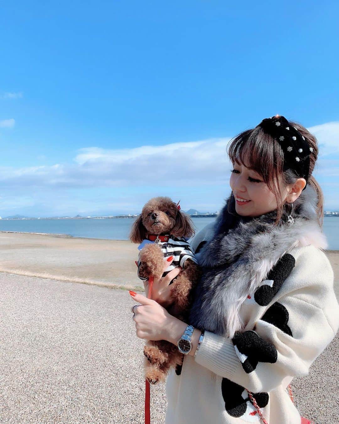 のインスタグラム：「こんばんは♡ おつかれさまです♡ ・ 青空が綺麗な日✨ ・ シルバーの時計ヘビロテ中！ ただ今ダニエルウェリントンNEW YEARキャンペーン開催中！  @danielwellington ・ 🎀 Suffolk & Roselynが数量限定で復活！ ・ 🎀 1/13までに、2点以上のご購入で20%OFF（全商品が対象！） ・ 🎀日本限定ギフトラッピング無料 ・ 🎀 15％OFFクーポン併用可能 ・ クーポンコードあります😊👌 ・15％OFFクーポンコード：cheriee（2020/02/29まで有効、DW公式直営店舗とWEBショップにて使用可能） ・ 公式サイト✨ ・https://www.danielwellington.com/jp ・ ・ knit @lilirena_  stole  @gracecontinental_official  skirt  #ZARA watch @danielwellington ・ ・ ・ ＠DanielWellington #ダニエルウェリントン  #シェリちゃん#愛犬#トイプードル#腕時計#手元くら部 #琵琶湖#青空#お正月#」