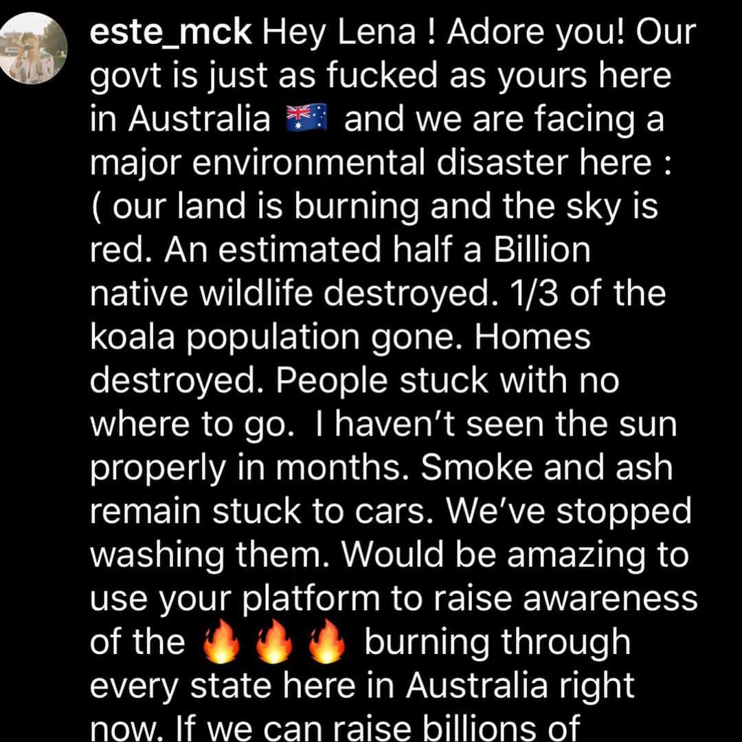 レナ・ヘディのインスタグラム：「@redcrossau @wireswildliferescue @nswrfs @celestebarber THANKYOU @este_mck for your Voice . Our governments .. across the world are void of foresight and sense. Donate to any/all of the above 🧡」