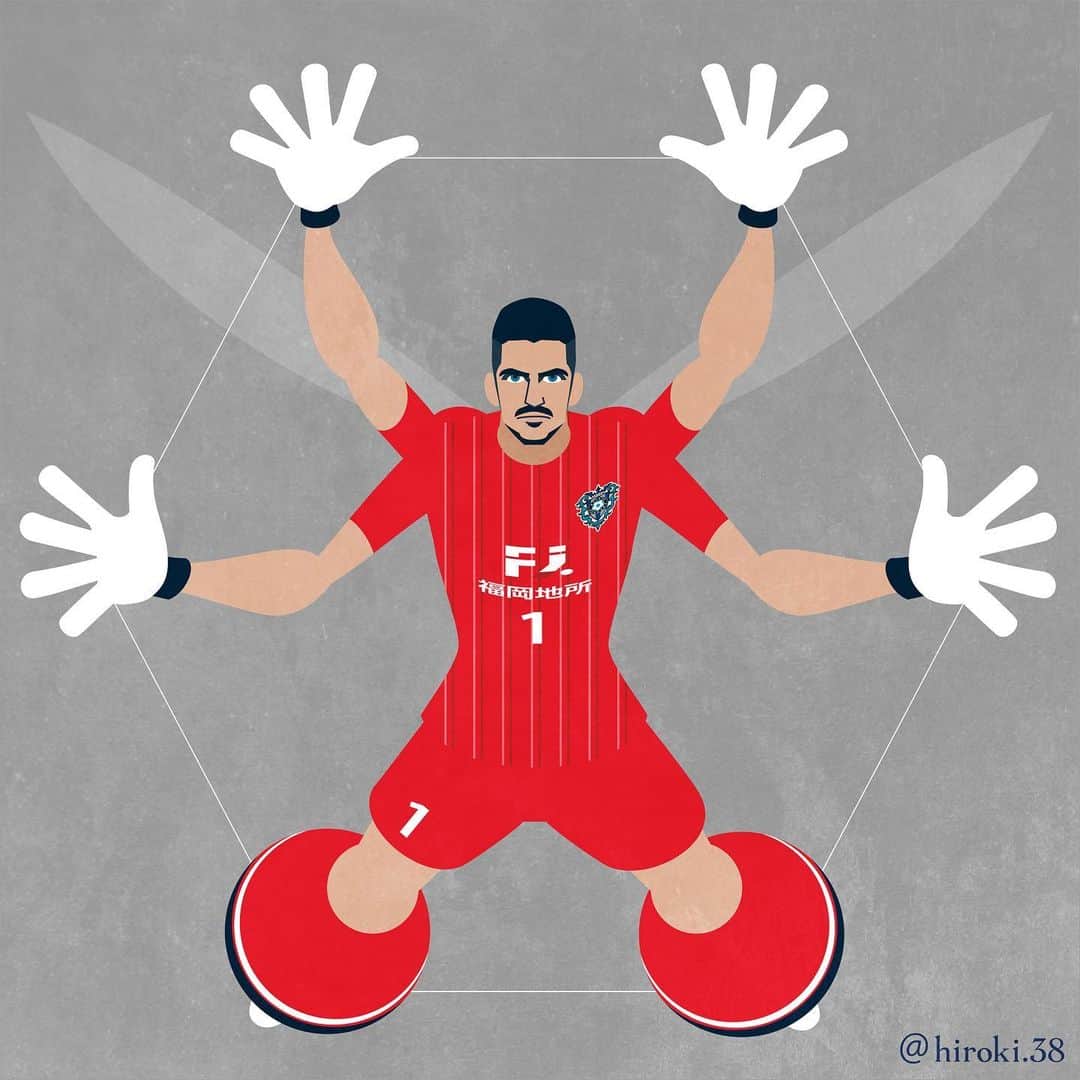 のインスタグラム：「死角なき／Hexagonal guardian  #セランテス #アビスパ福岡 #福岡 #博多 #イラスト #サッカー #サッカーイラスト #footballplayer #soccerplayer #illustrator #illustrations #vectorart #hirokazuishihara #JonAnderSerantes #serantes #avispafukuoka #avispa #fukuoka #hakata #j2 #Baracaldo #soccerillustration #jleague #goalkeeper」