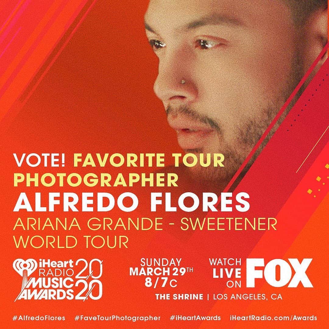 Alfredo Floresさんのインスタグラム写真 - (Alfredo FloresInstagram)「WHATTTT!! Thank you @iheartradio for this wonderful acknowledgement alongside some incredible artists!! Feeling so honored this jersey boy gets to do what he loves every single day. It’s wild. Thank you @arianagrande for trusting me through the years, our 3rd tour and dare I say, best one yet. We’ve truly created some magic I’m forever proud of!!! Last but not least, thank you to all who have already voted!! Y’all truly waste no time. I appreciate you all. THANK YOU. Link in bio to vote 📸✨ #alfredoflores #favetourphotographer #iheartawards #sweetenertour」1月9日 4時16分 - alfredoflores