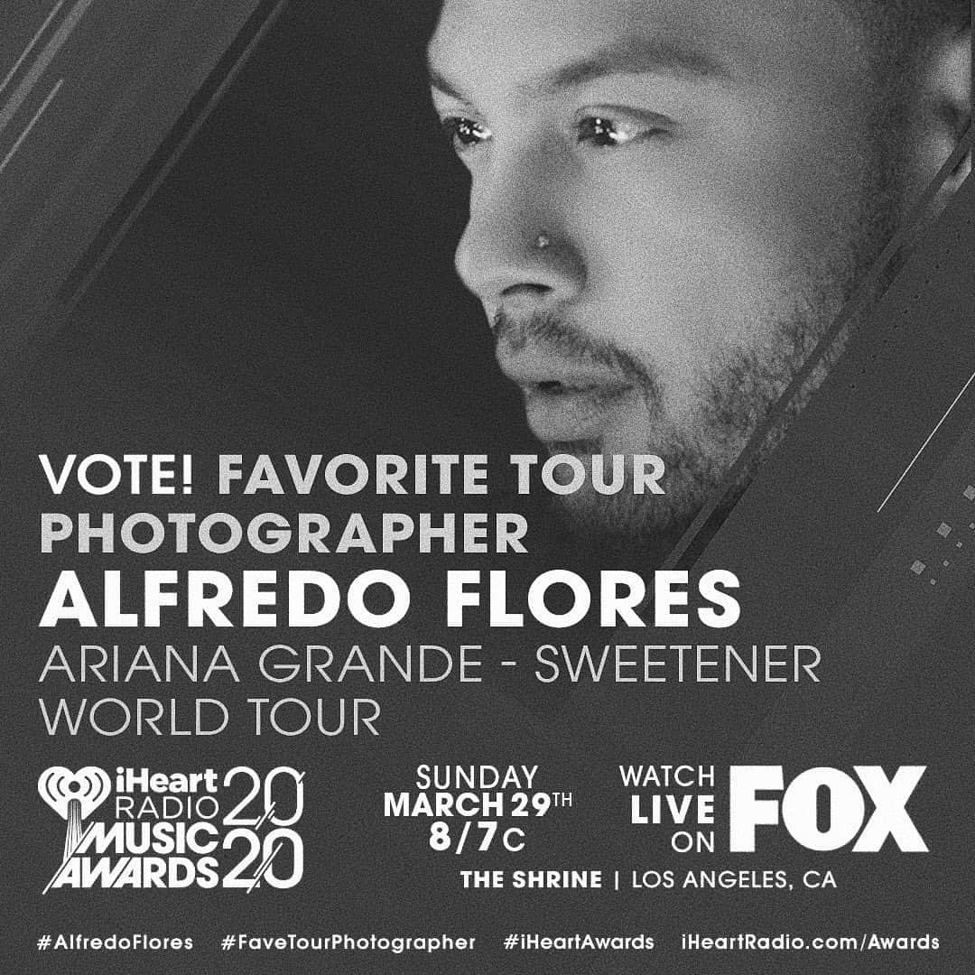 Alfredo Floresのインスタグラム：「WHATTTT!! Thank you @iheartradio for this wonderful acknowledgement alongside some incredible artists!! Feeling so honored this jersey boy gets to do what he loves every single day. It’s wild. Thank you @arianagrande for trusting me through the years, our 3rd tour and dare I say, best one yet. We’ve truly created some magic I’m forever proud of!!! Last but not least, thank you to all who have already voted!! Y’all truly waste no time. I appreciate you all. THANK YOU. Link in bio to vote 📸✨ #alfredoflores #favetourphotographer #iheartawards #sweetenertour」