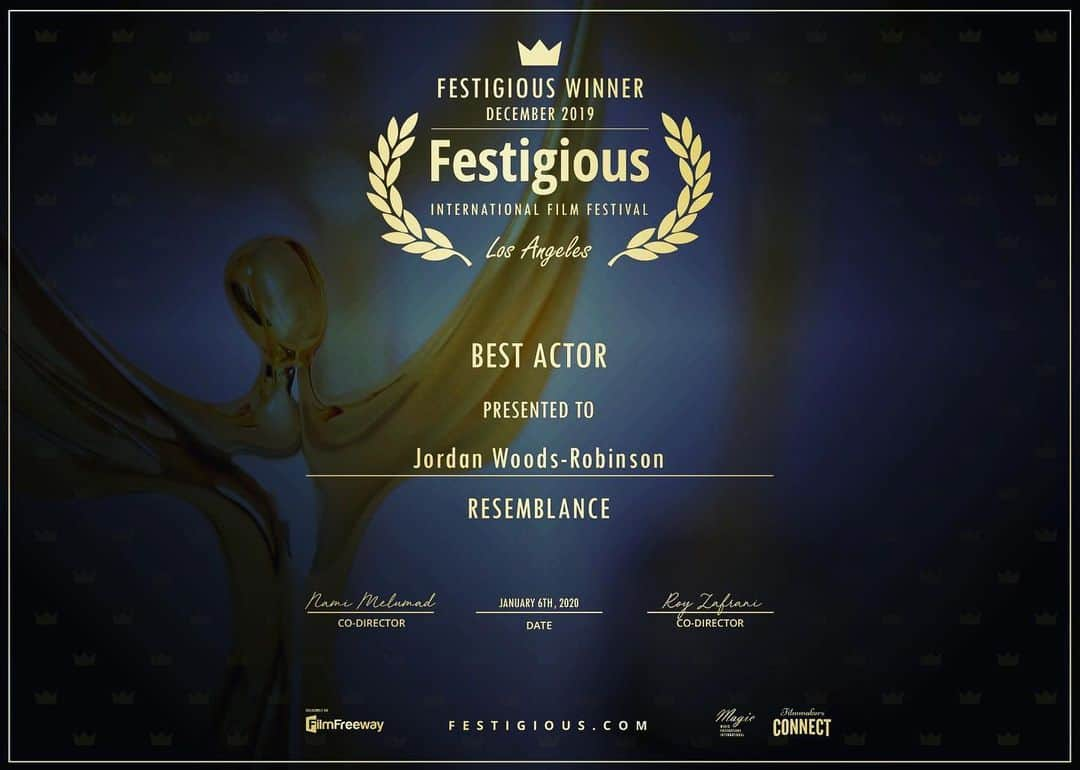 ジョーダン・ウッズ=ロビンソンのインスタグラム：「It was an honor to work on this film, and now there are unexpected bonuses! I’ve gotten a couple of these already and the Film Festival scene is just getting started. Excited to share this lovely movie with you one day! Special thanks to @kevinjoneill for asking me to be a part of Resemblance.」