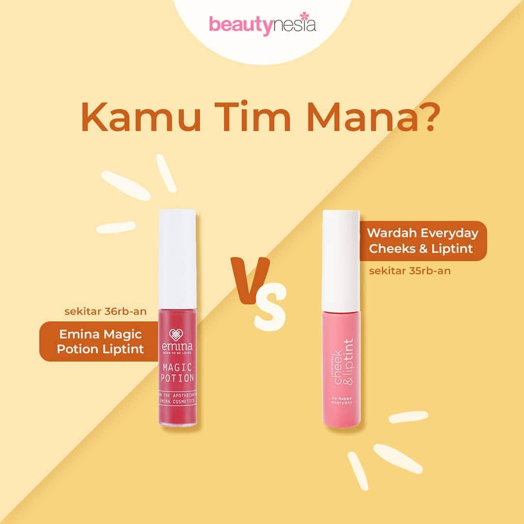 のインスタグラム：「Liptint banyak disukai karena bisa memberikan warna yang natural dan terkesan alami. Selain itu, tampilan glossy juga bikin kamu terlihat lebih segar, Beautynesian.  Nah, kalo kamu tim Wardah Everyday Cheeks & Liptint atau tim Emina Magic Potion Liptint nih?  #Beautynesia #BeautynesiaID #liptint #funesia #kamutimmana」