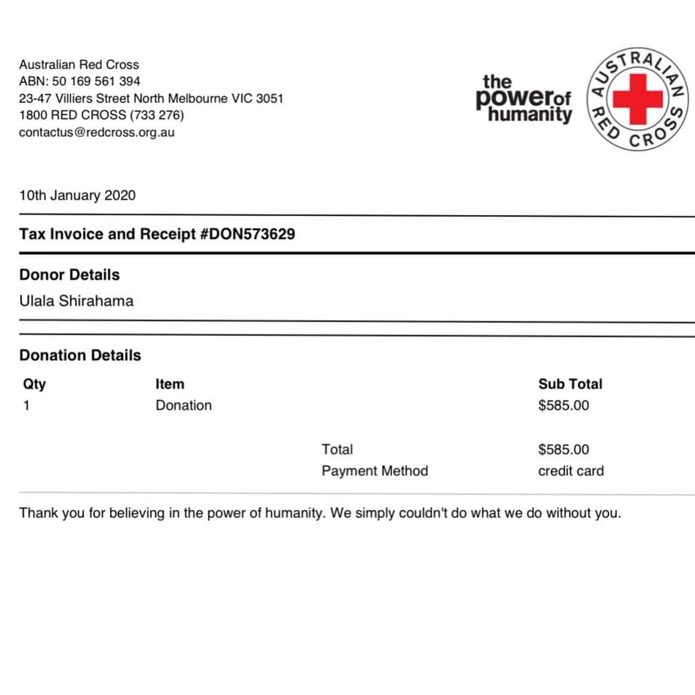 UlalaGirlのインスタグラム：「Donated for @redcrossau  Thank you all🙏🏼🌈 . #ForTheGoldenSkin の売り上げの一部をドネーションしました。 皆さまありがとう。 @see.you.yesterday.2017 では1月いっぱいの売上金を寄付するので、2月5日に寄付いたします。」