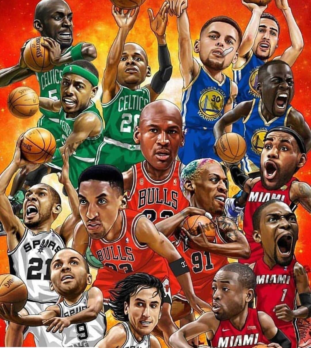 レイ・アレンのインスタグラム：「A lot of games won, and many banners raised in this photo of some of the leagues best big 3's. Too bad we couldn't do it forever! In our youth we gave a lot of people problems but our time has come and gone. Father Time is the real GOAT, he is undefeated. 😉 #whoyougot #bigthree @celtics @warriors @chicagobulls @spurs @miamiheat」